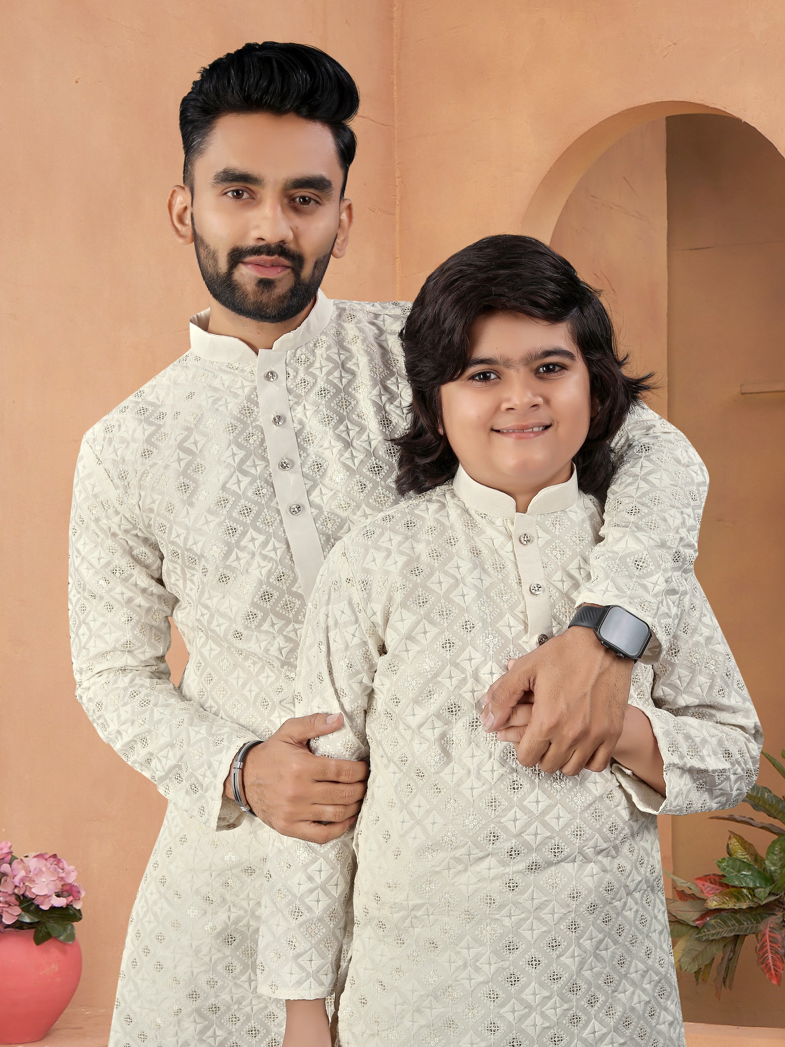Father-Son Silk Kurta Set with Embroidery Off White