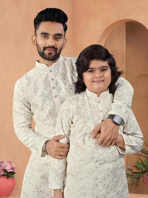 Father-Son Silk Kurta Set with Embroidery Off White