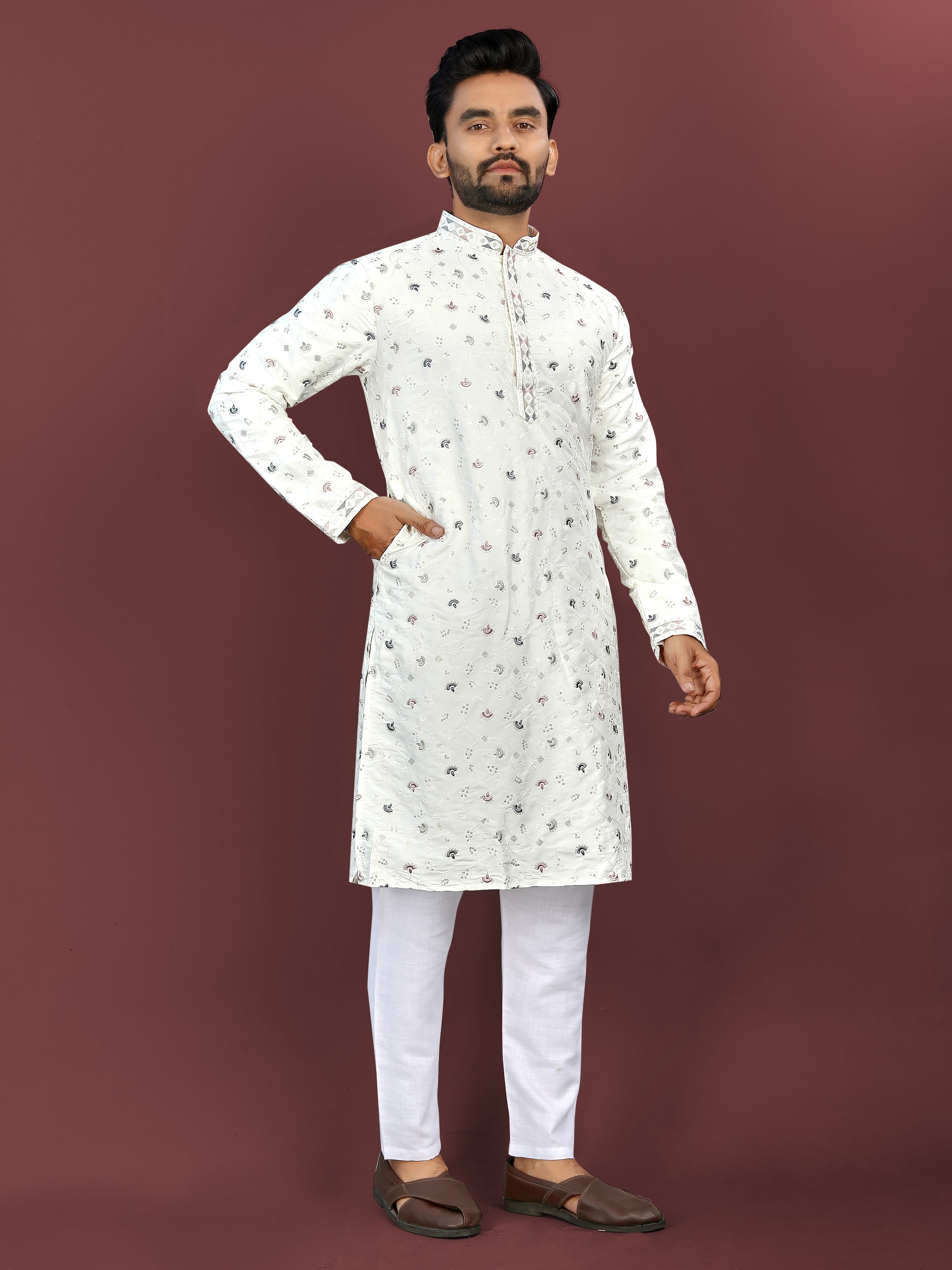 Men’s Multi-Colour Embroidery Kurta White