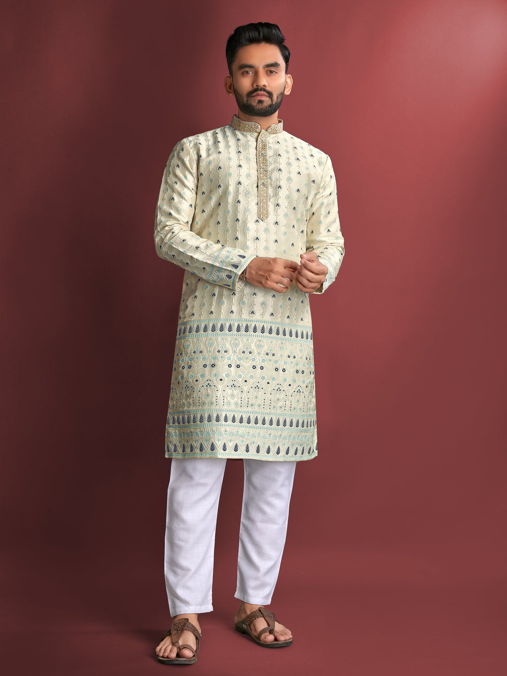 Men’s Silk Kurta with Amboj Work & Daman Border beige
