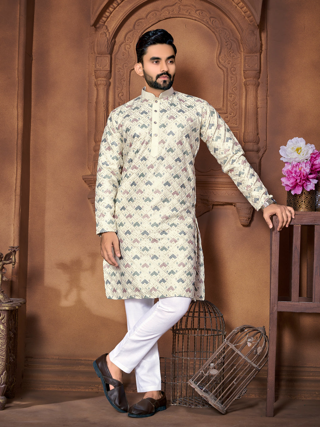 Men's Italian Silk  embroidered Kurta Ivory White