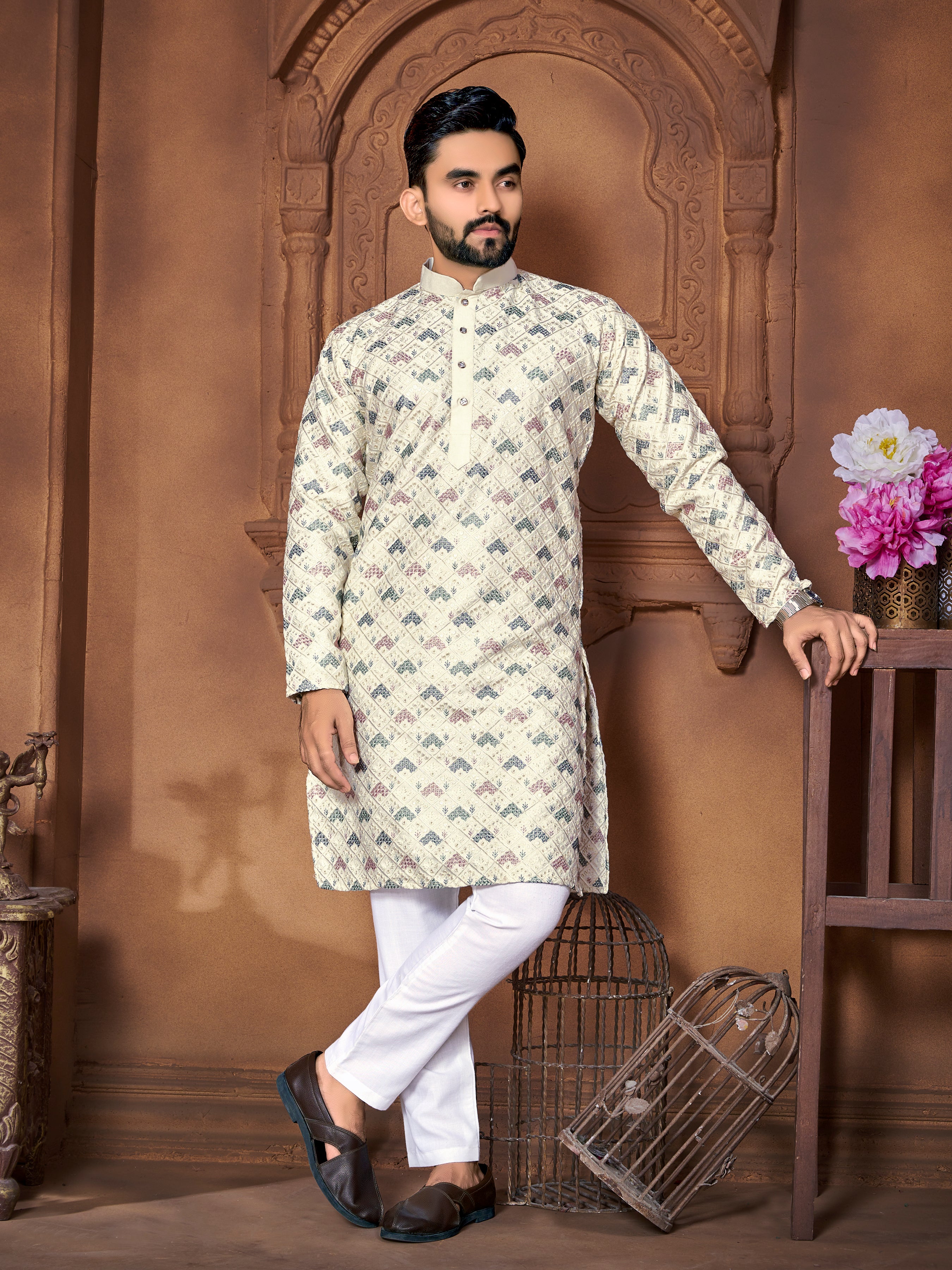 Men's Italian Silk  embroidered Kurta Ivory White
