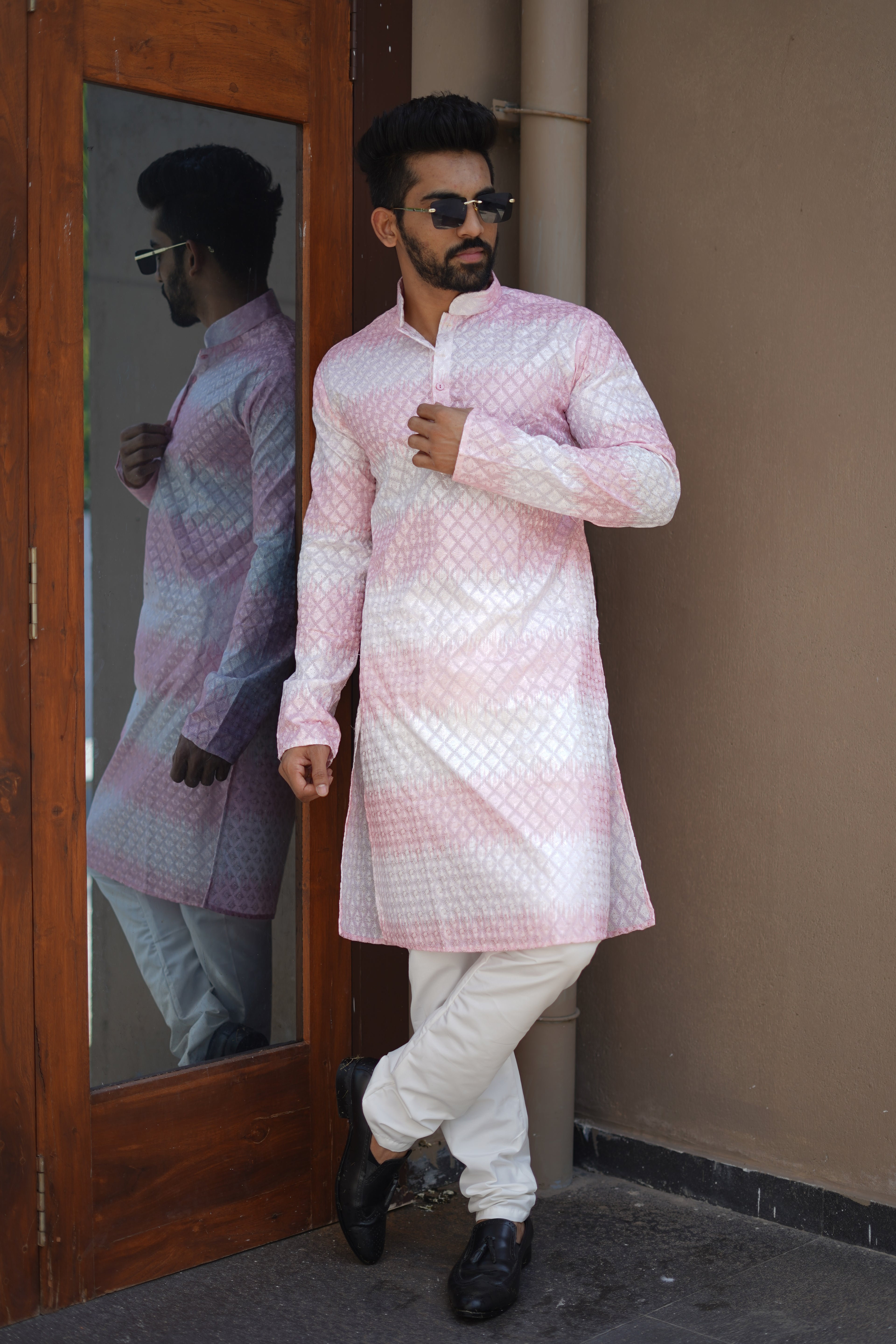 Men's Rainbow Print Cotton Kurta Pink