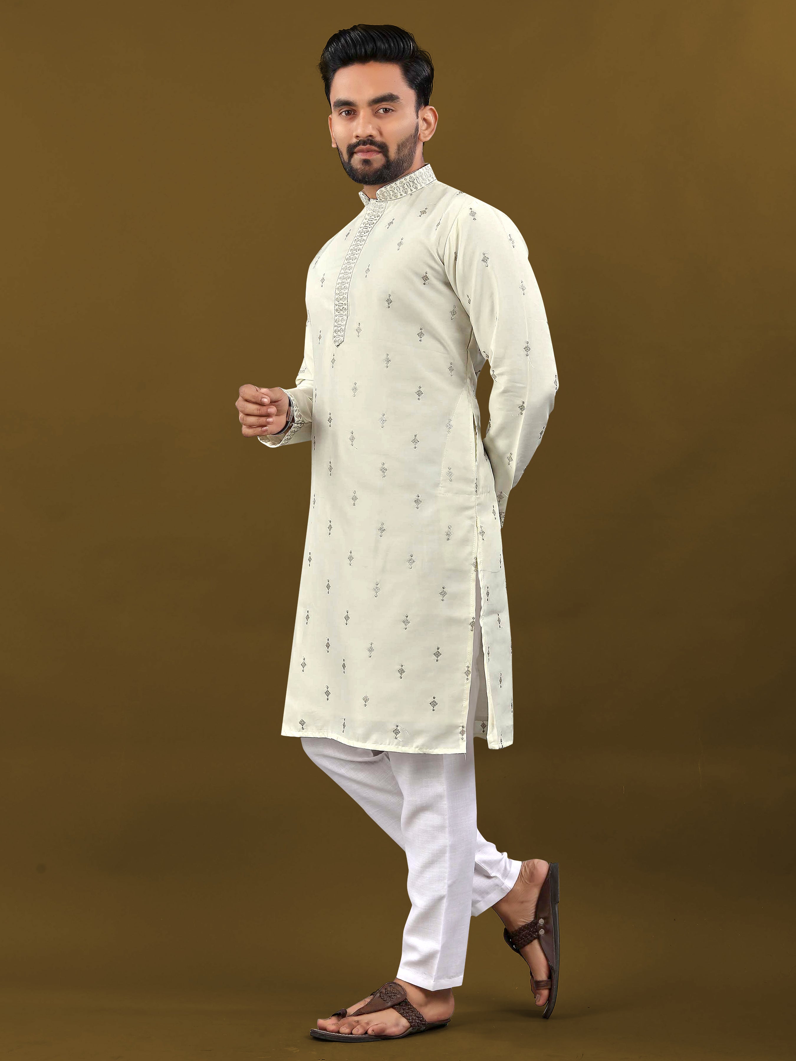 Men's Matka Silk Kurta Silver Jari Work Off white
