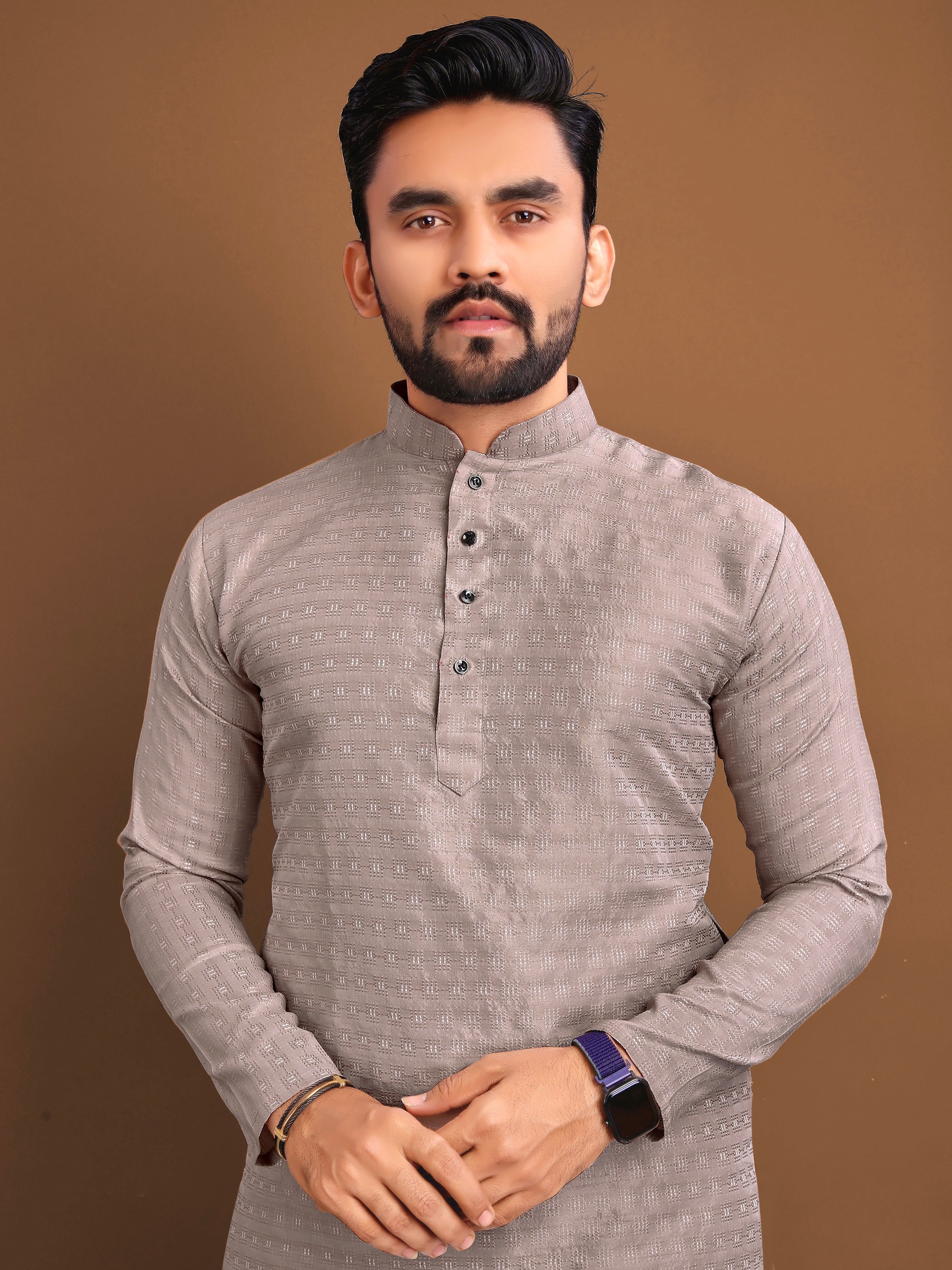 Men’s Jacquard Kurta with Self-Buti Grey