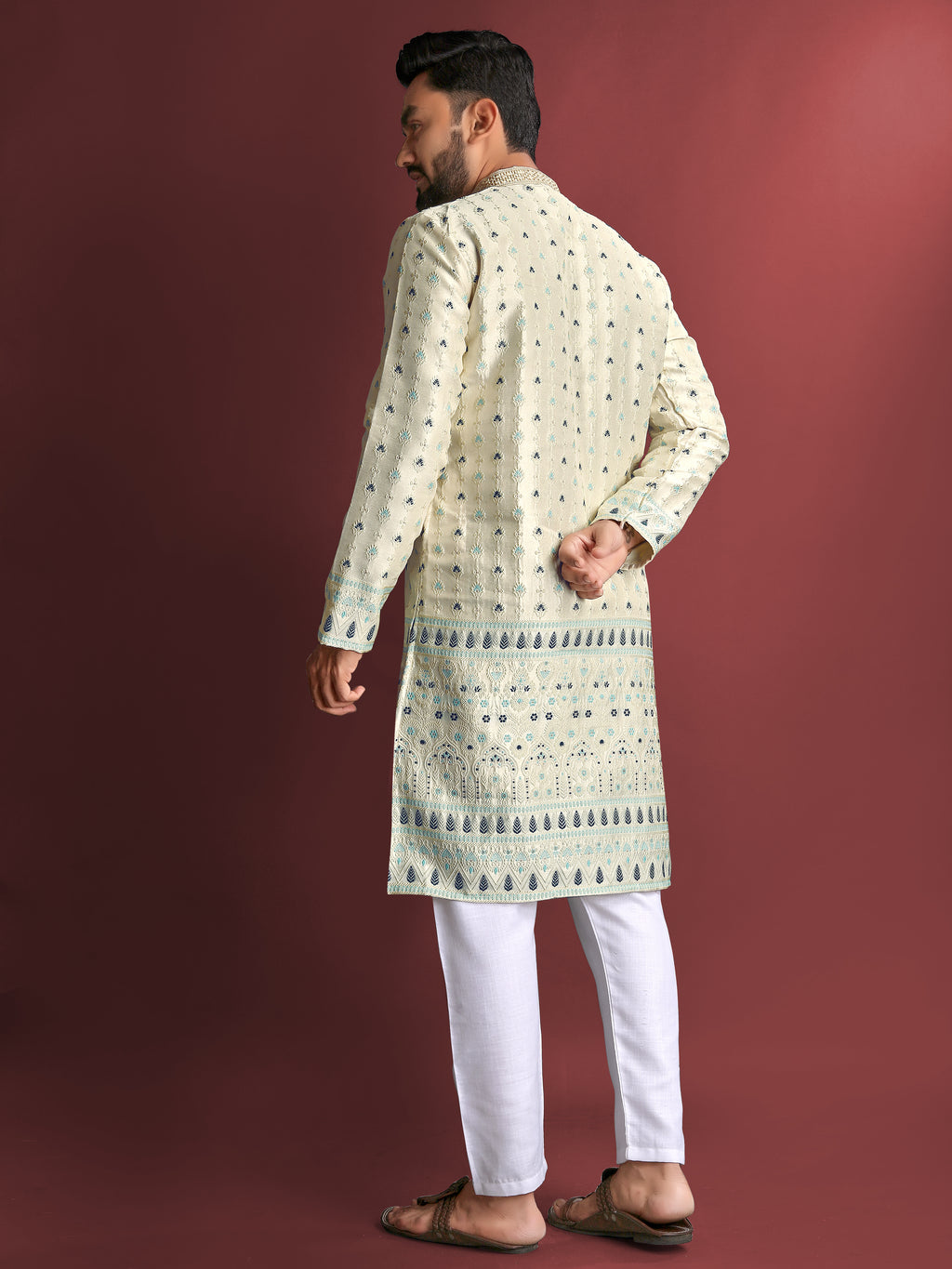 Men’s Silk Kurta with Amboj Work & Daman Border beige