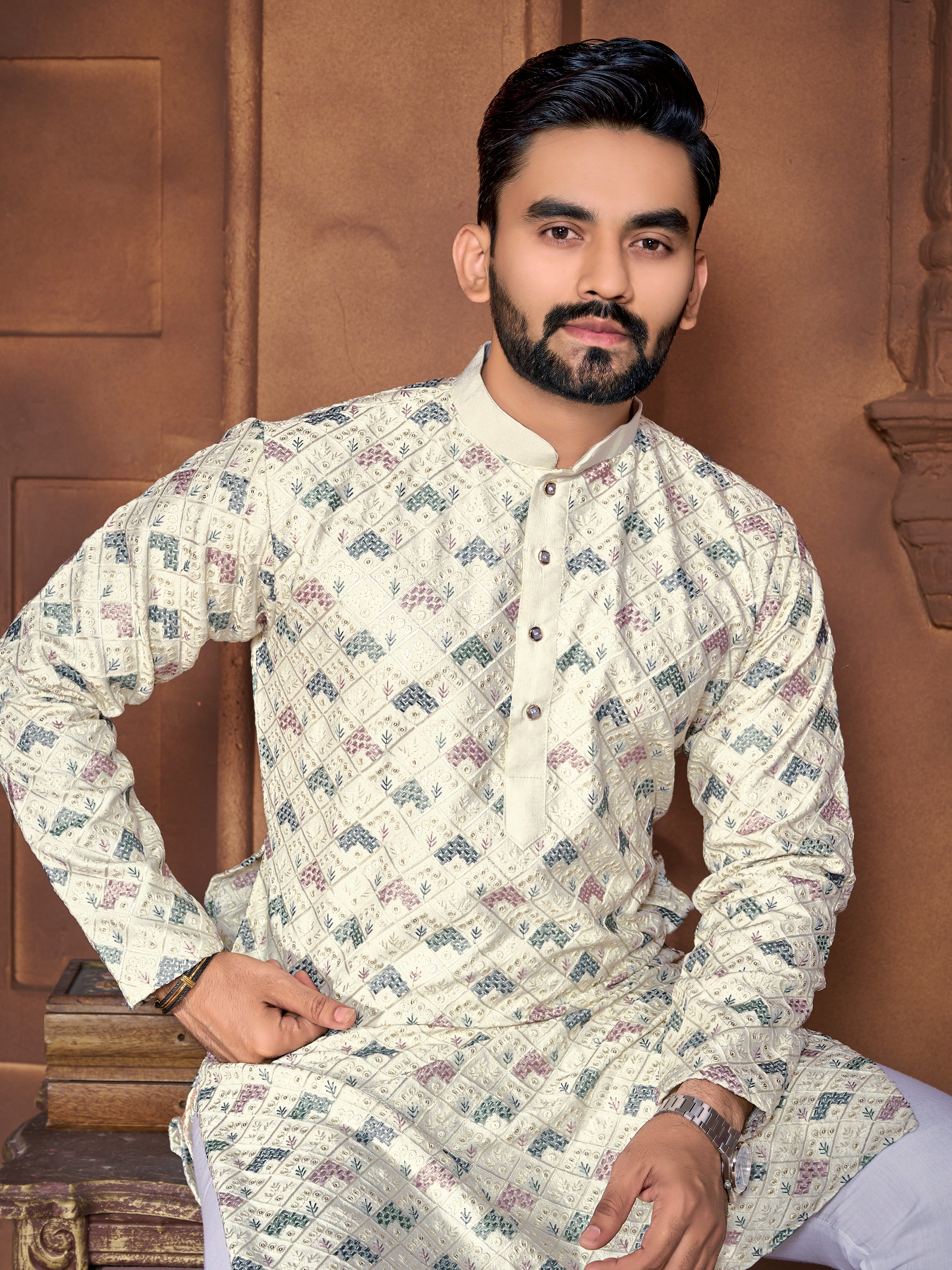 Men's Italian Silk  embroidered Kurta Ivory White