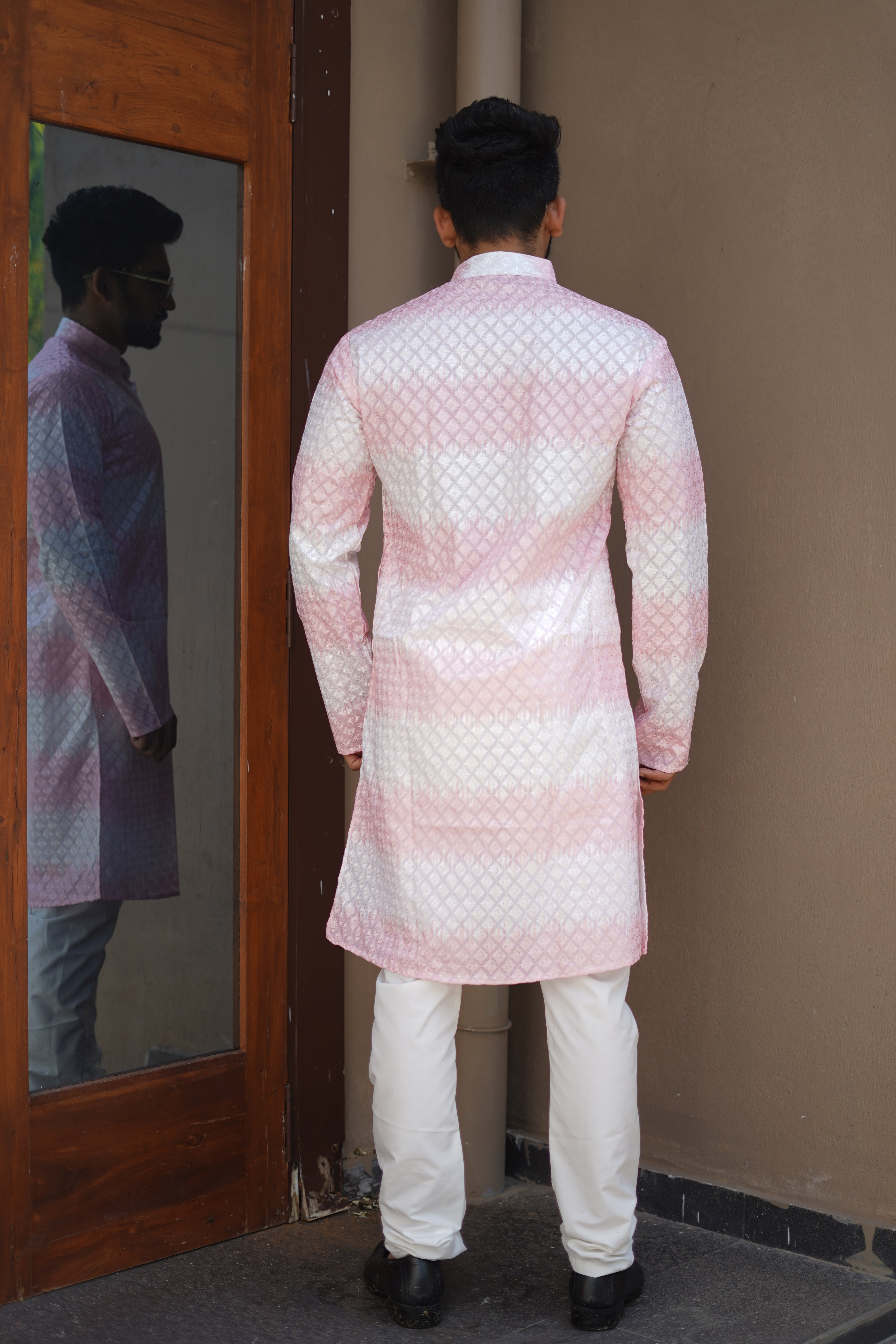 Men's Rainbow Print Cotton Kurta Pink