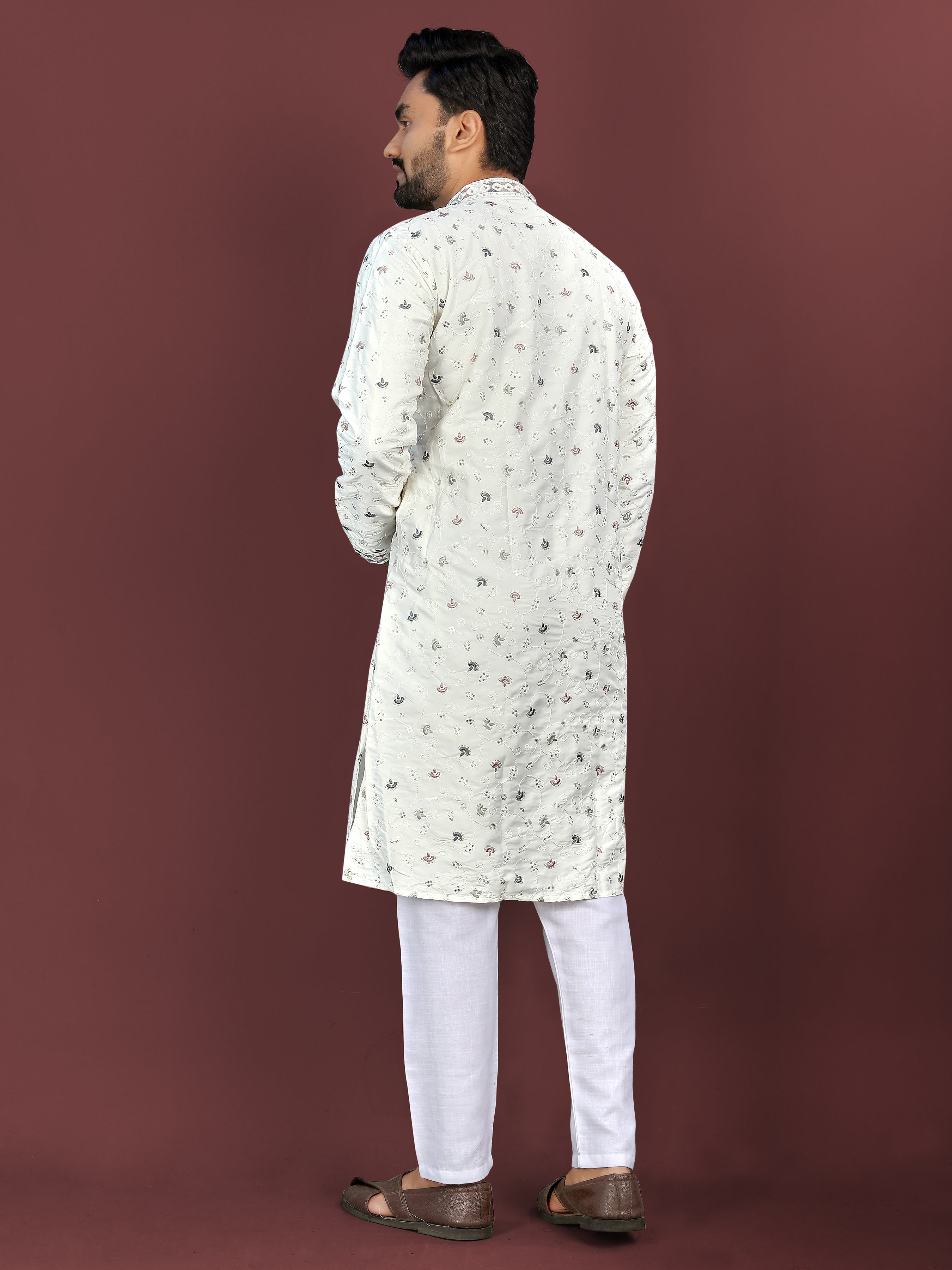 Men’s Multi-Colour Embroidery Kurta White