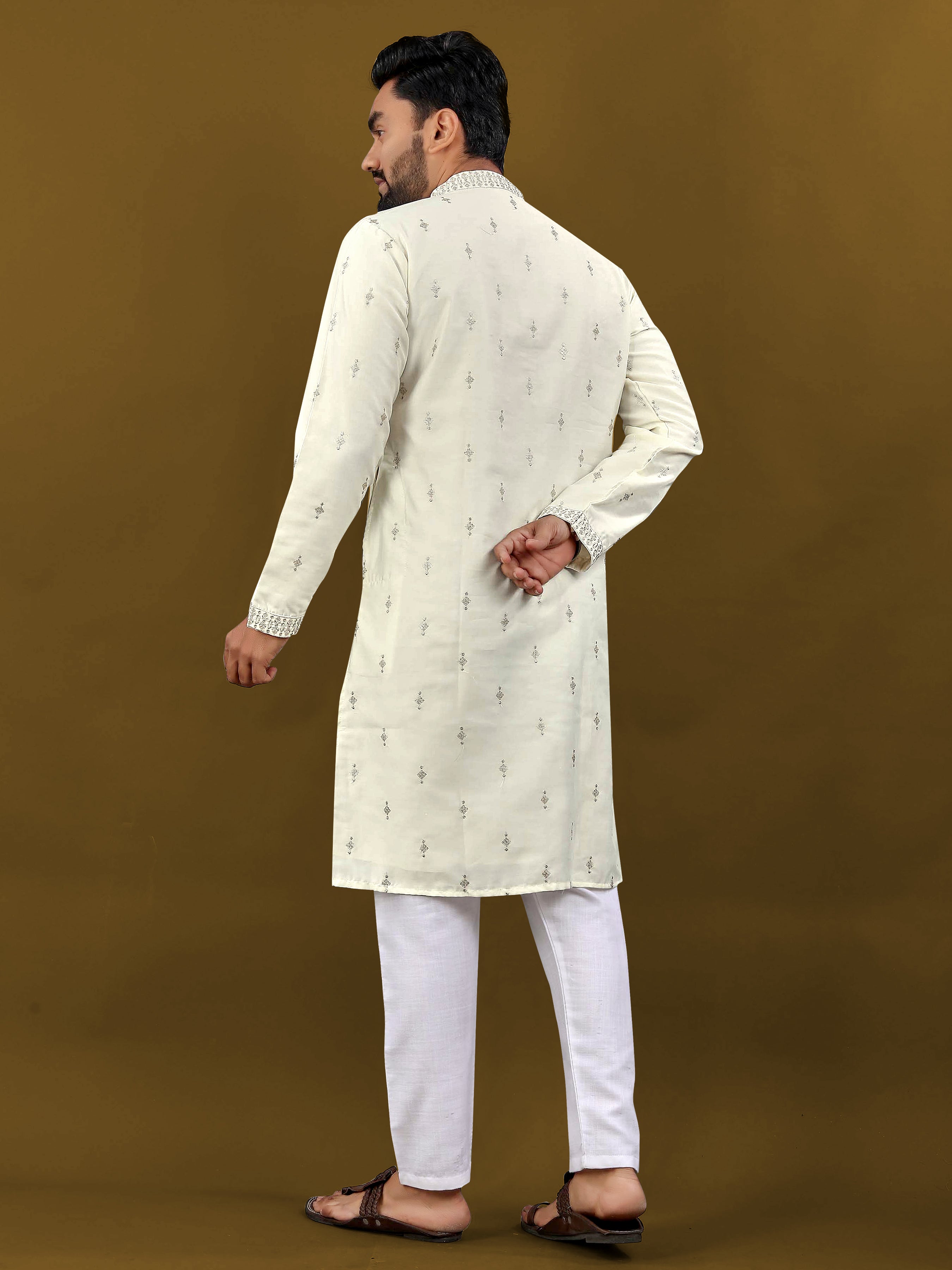 Men's Matka Silk Kurta Silver Jari Work Off white