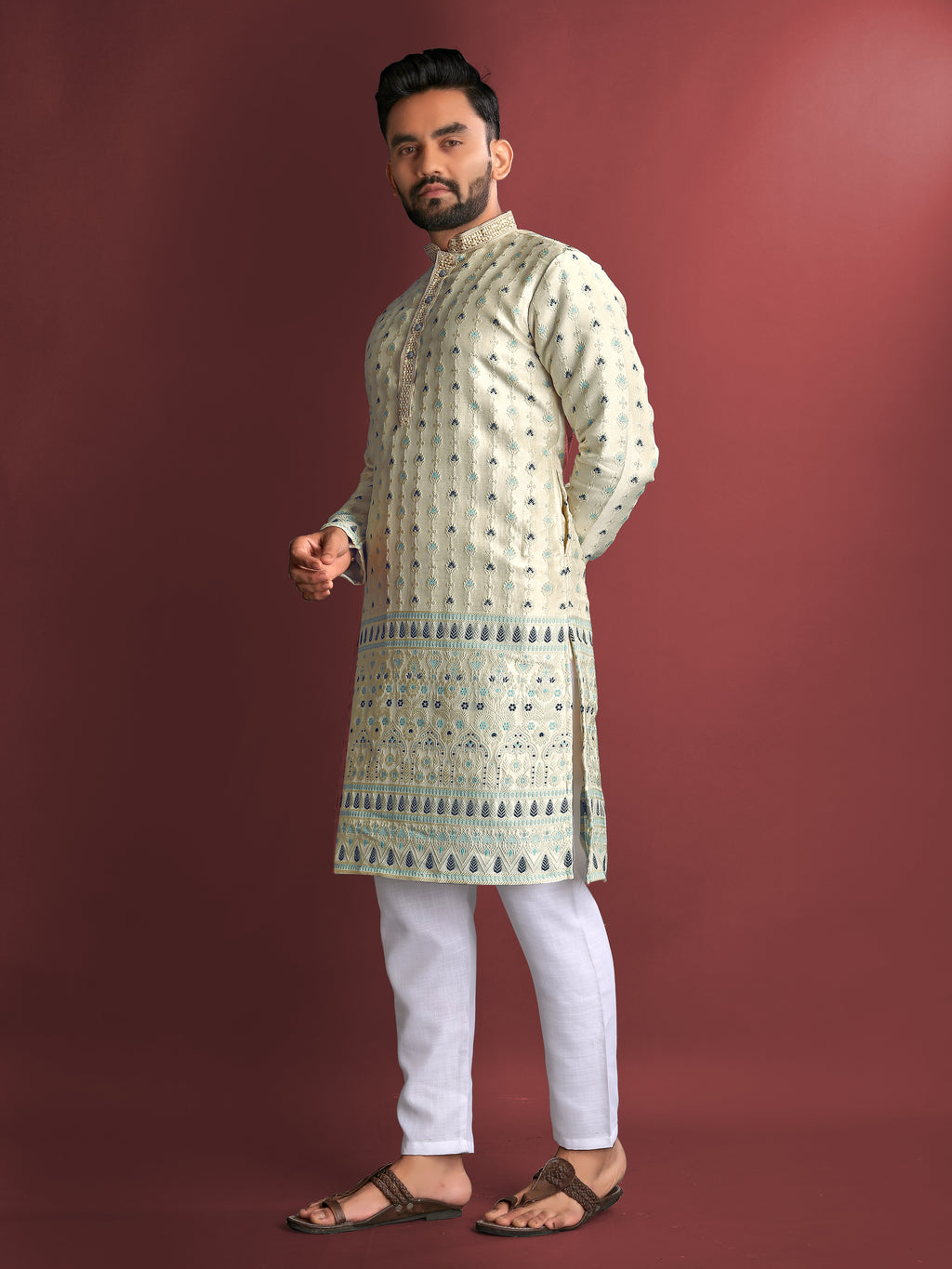 Men’s Silk Kurta with Amboj Work & Daman Border beige