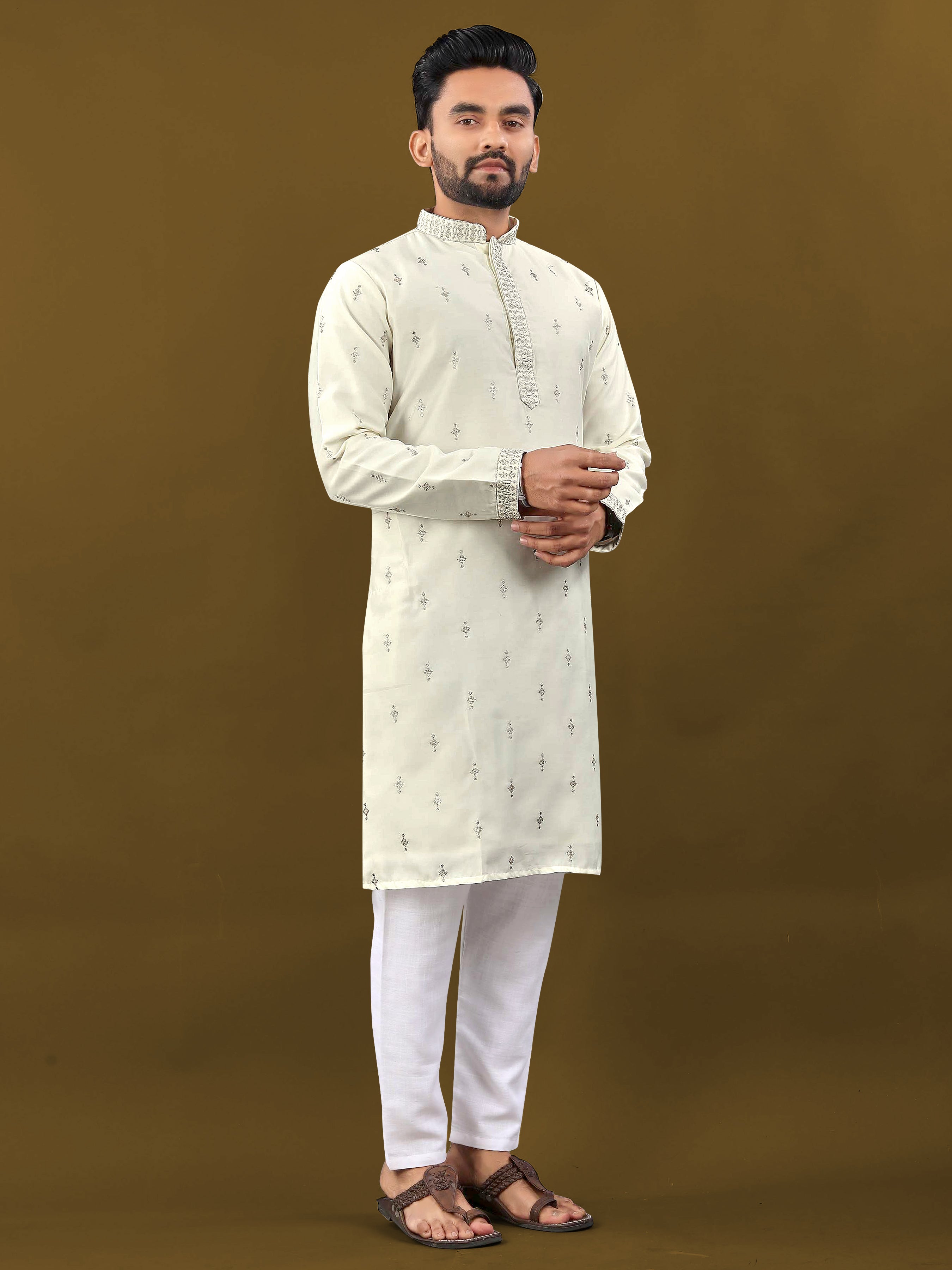 Men's Matka Silk Kurta Silver Jari Work Off white