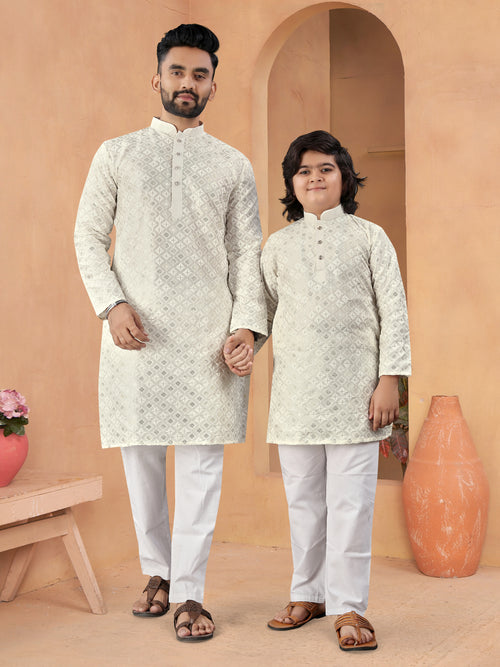 Father-Son Silk Kurta Set with Embroidery Off White