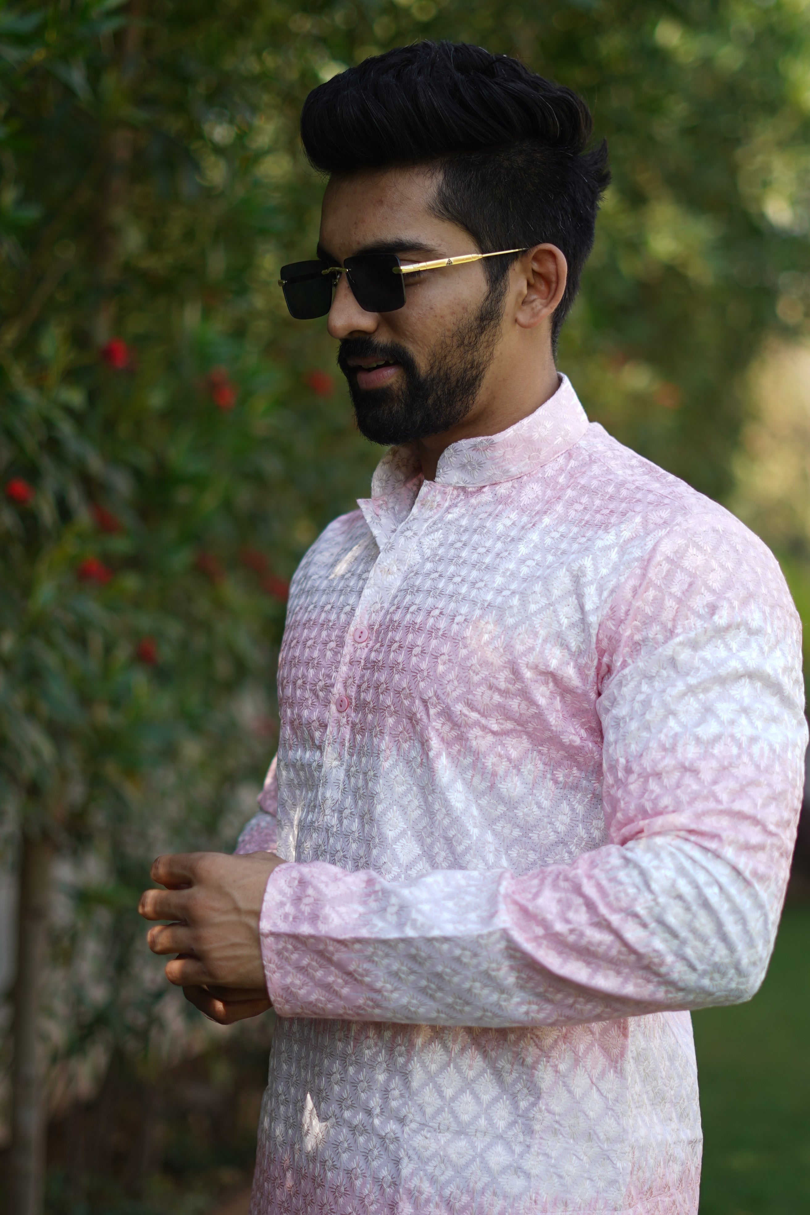 Men's Rainbow Print Cotton Kurta Pink