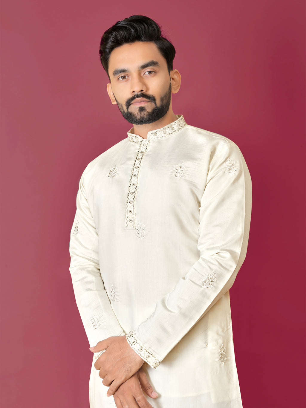 Men's Roman Silk Kurta With Hand Work Beige White