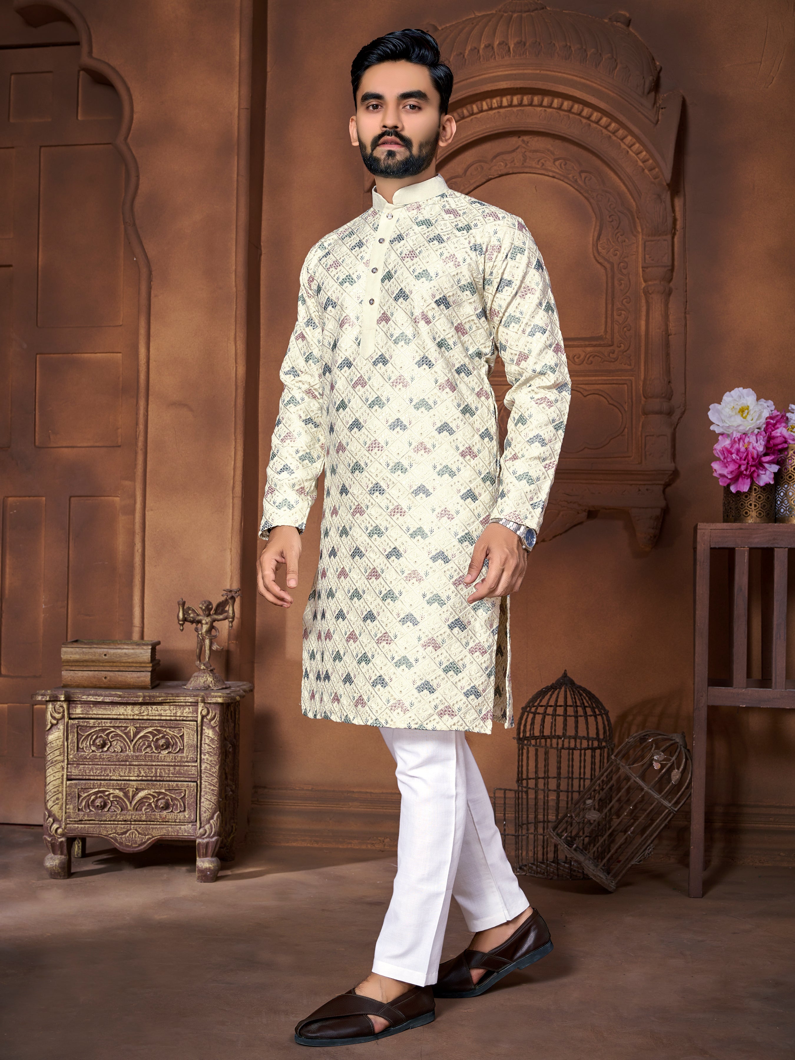 Men's Italian Silk  embroidered Kurta Ivory White
