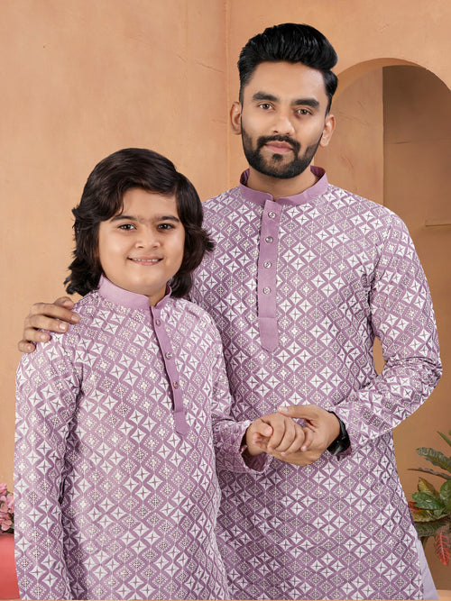 Father-Son Silk Kurta Set with Embroidery Lavender
