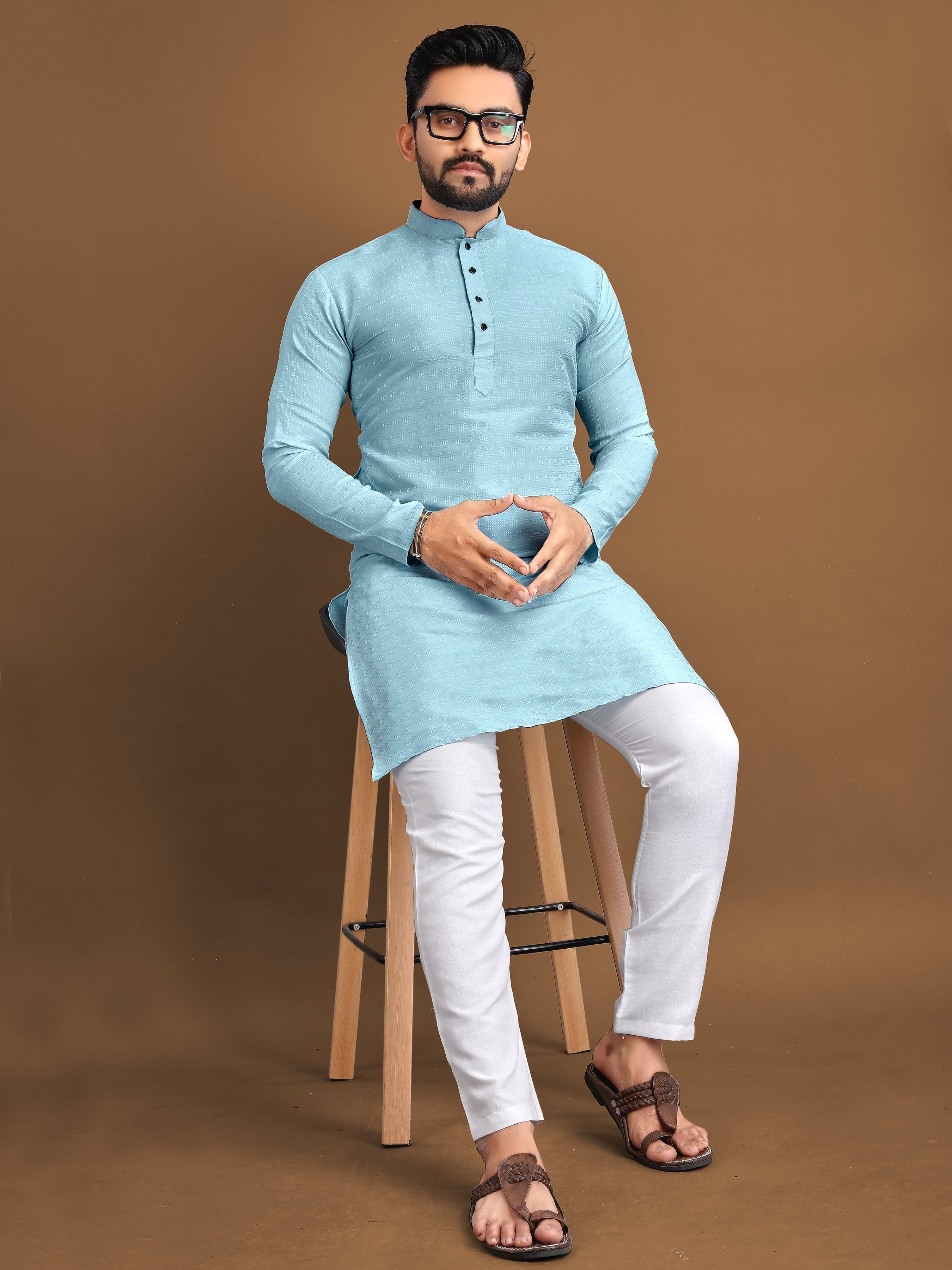 Men’s Jacquard Kurta with Self-Buti Aqua Blue
