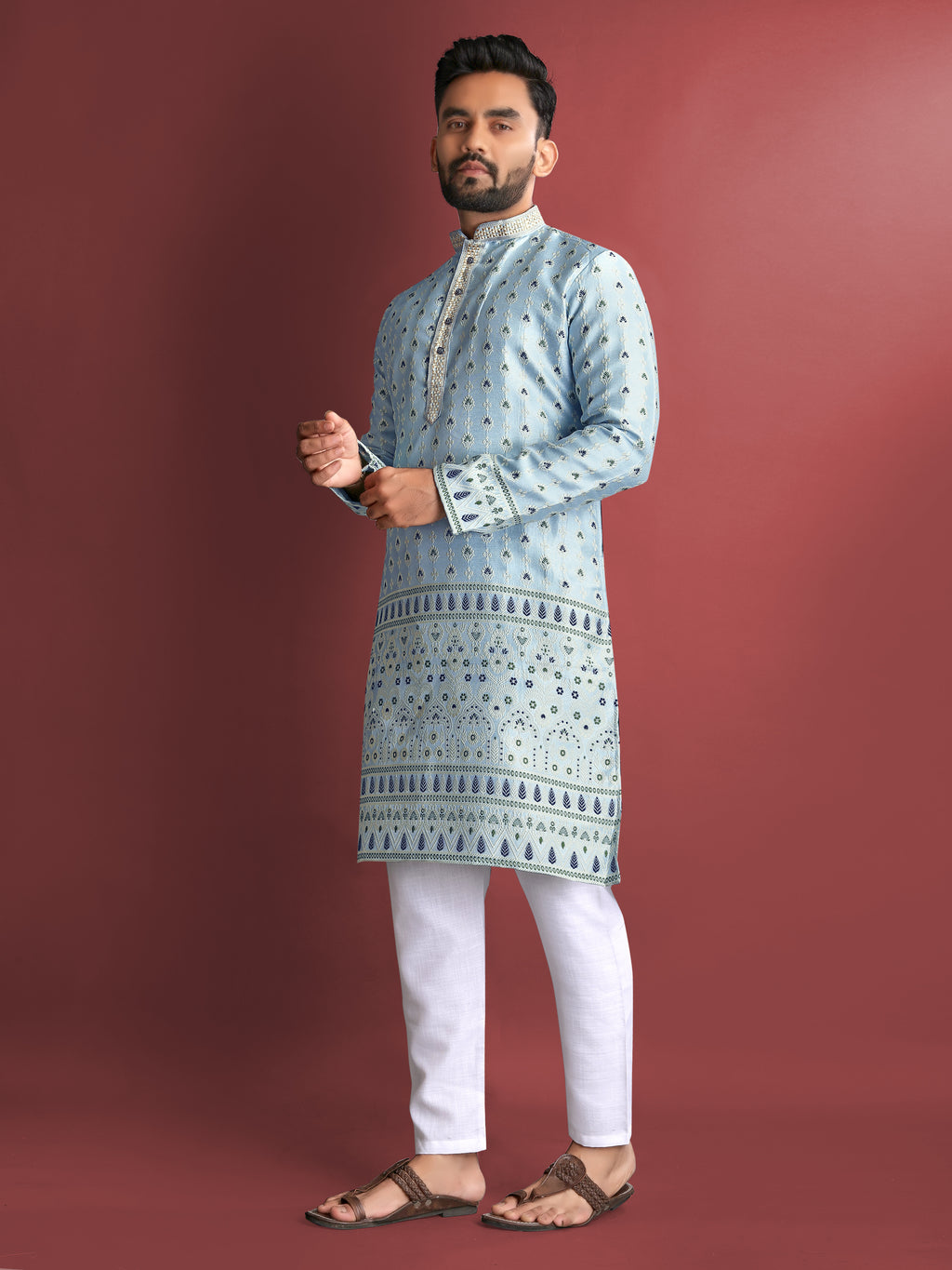Men’s Silk Kurta with Amboj Work & Daman Border Aqua Blue