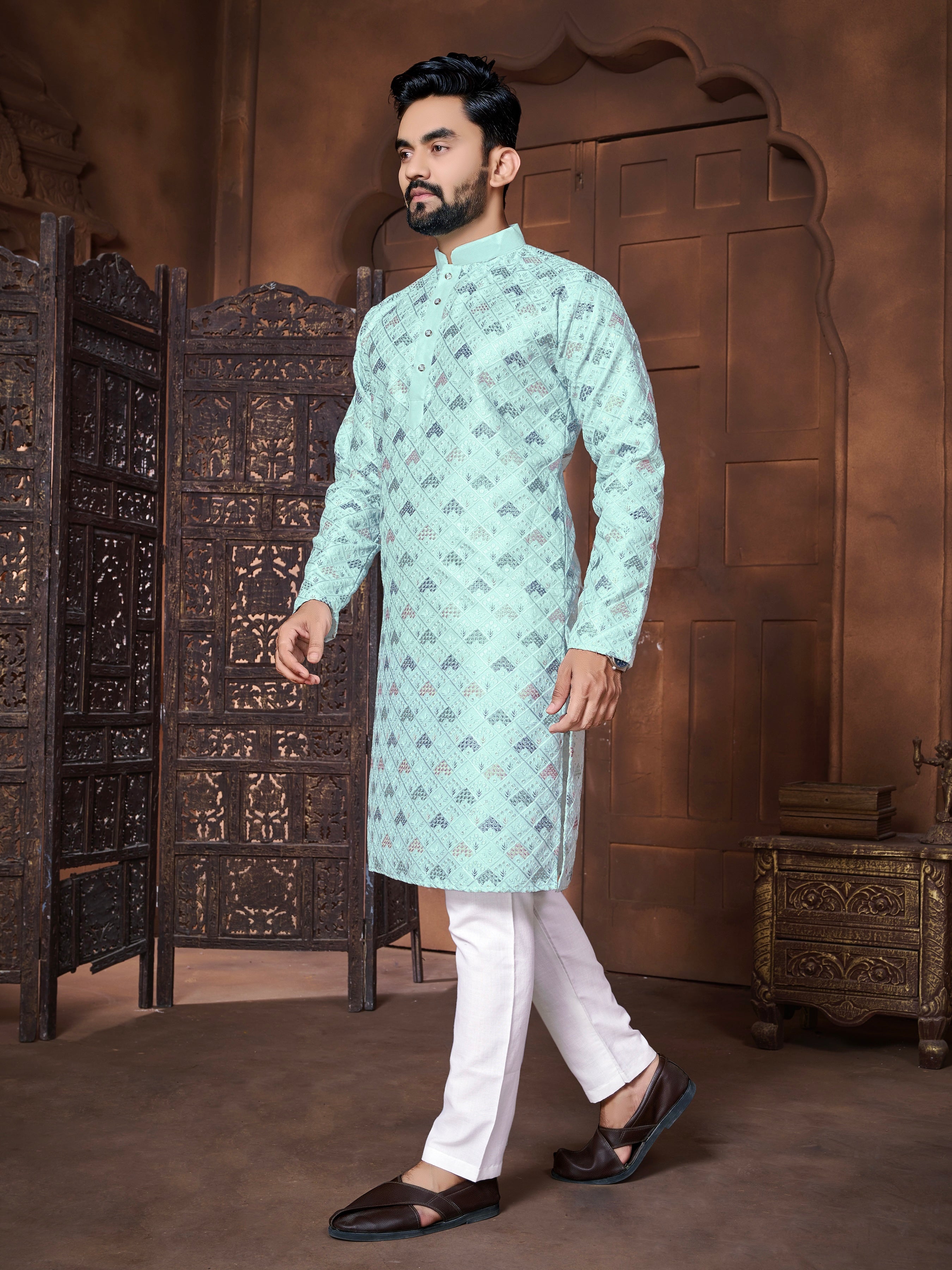 Men's Italian Silk  embroidered Kurta Aqua