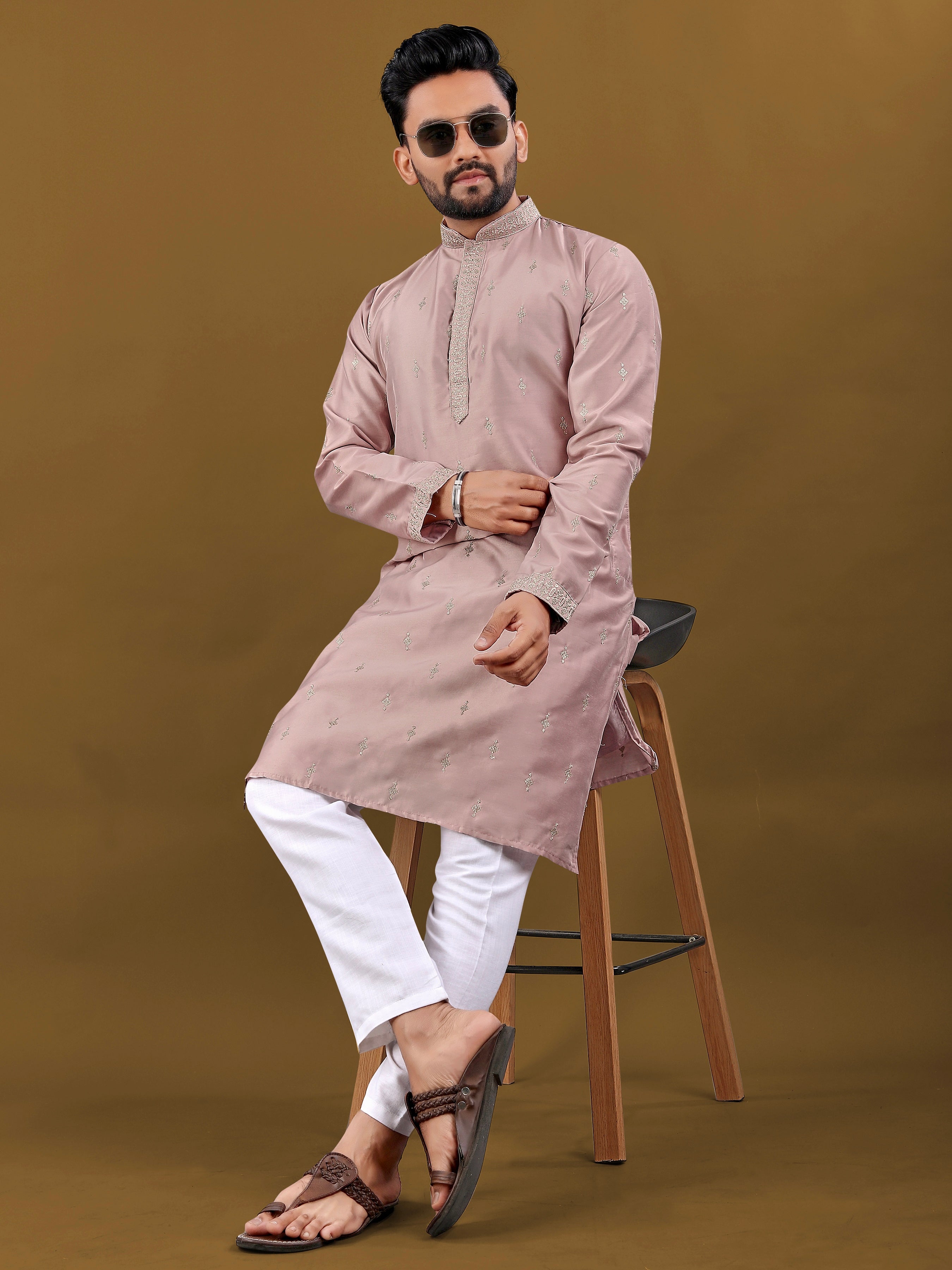 Men's Matka Silk Kurta Silver Jari Work Peach