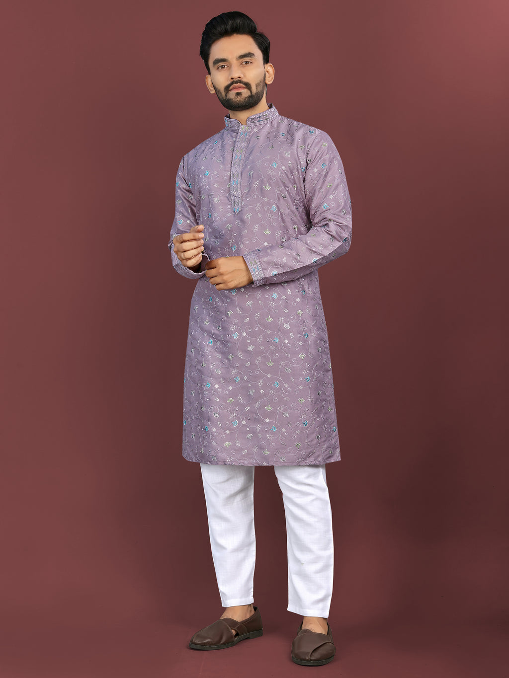 Men’s Multi-Colour Embroidery Kurta Lavender