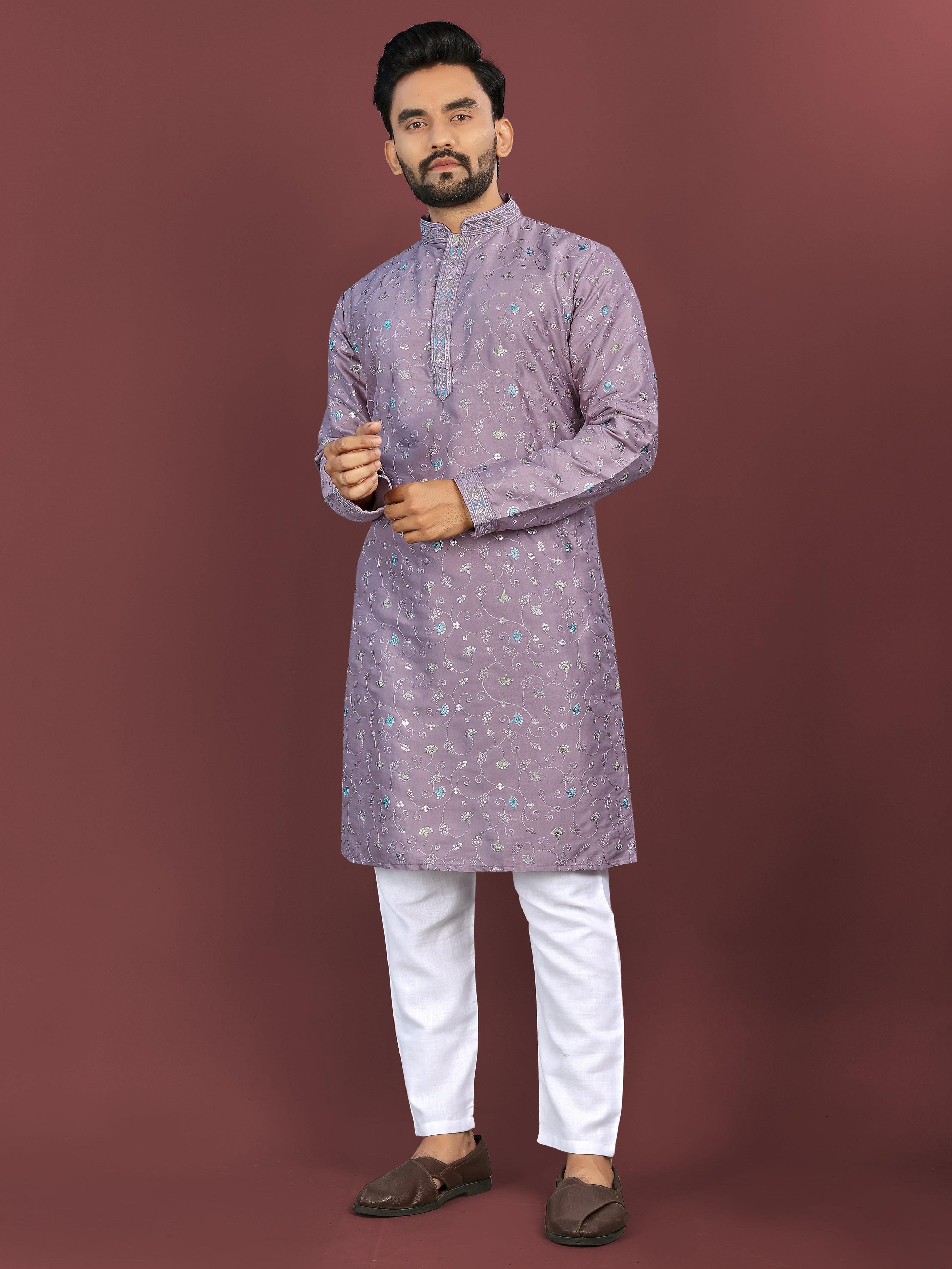 Men’s Multi-Colour Embroidery Kurta Lavender