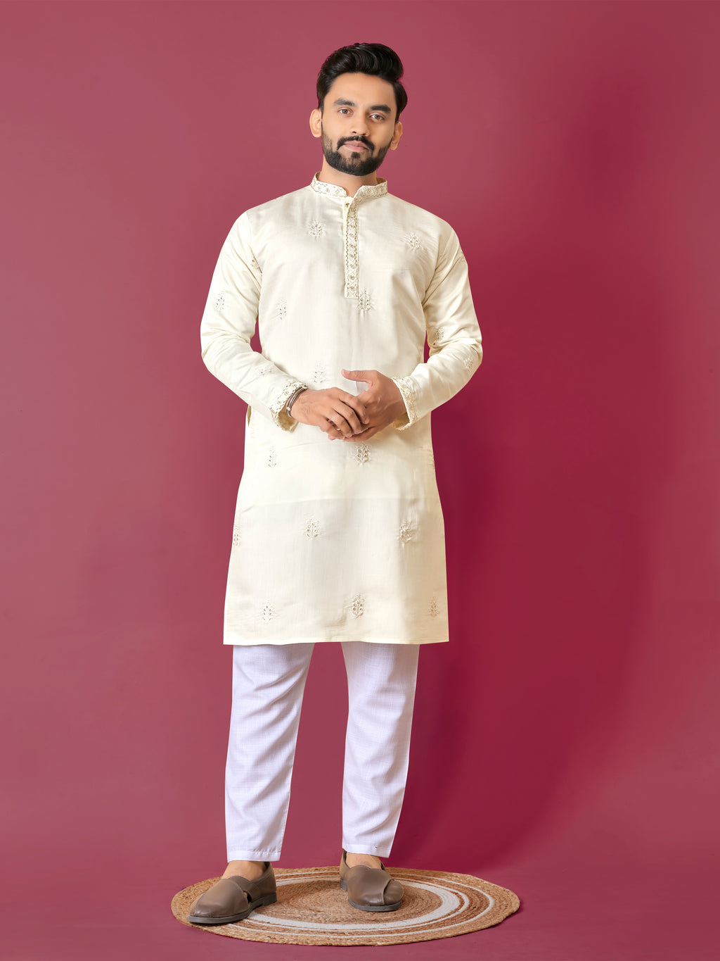 Men's Roman Silk Kurta With Hand Work Beige White