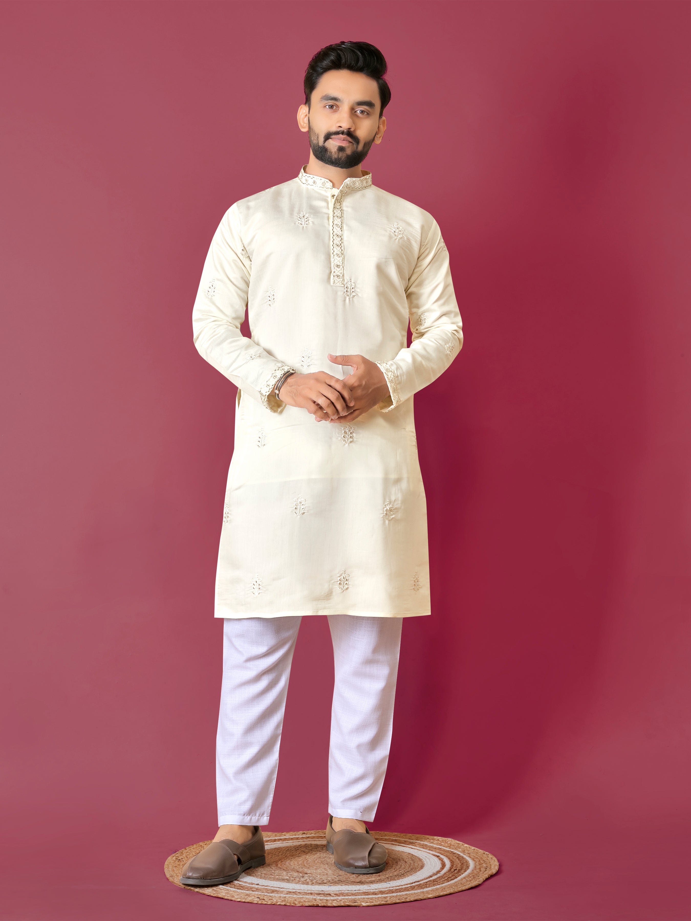 Men's Roman Silk Kurta With Hand Work Beige White