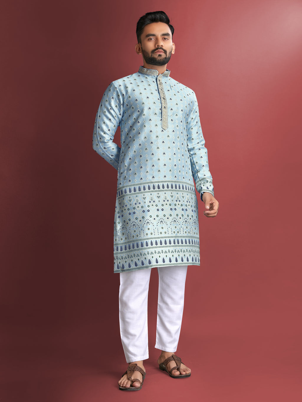 Men’s Silk Kurta with Amboj Work & Daman Border Aqua Blue
