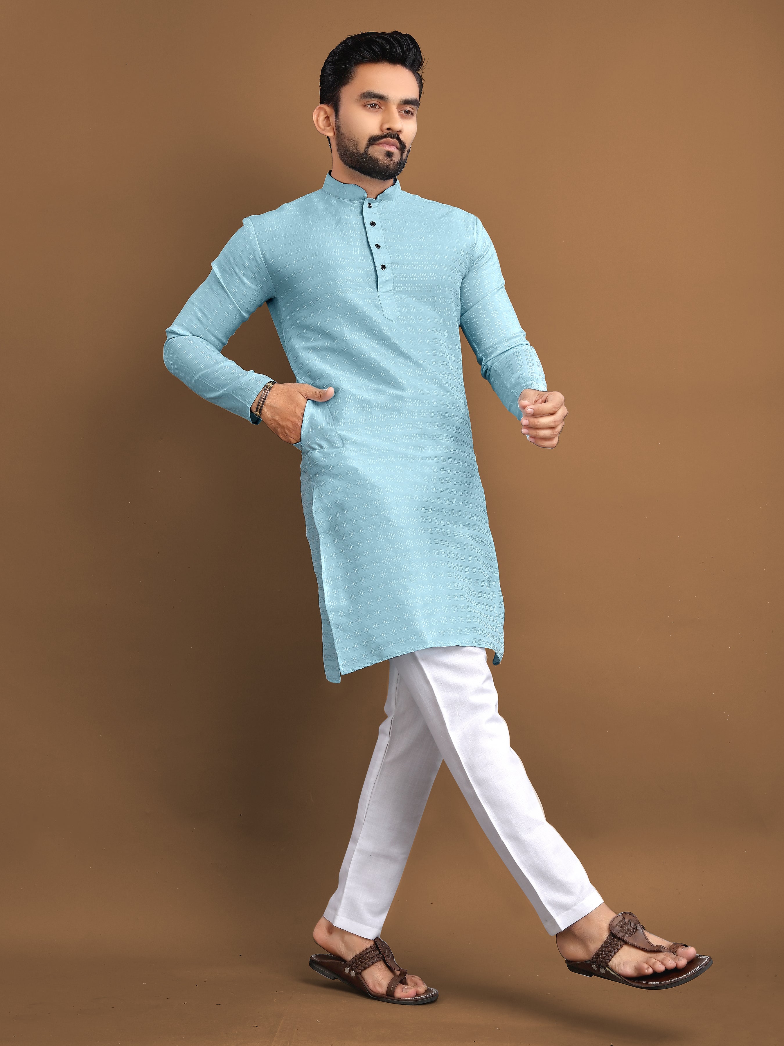 Men’s Jacquard Kurta with Self-Buti Aqua Blue