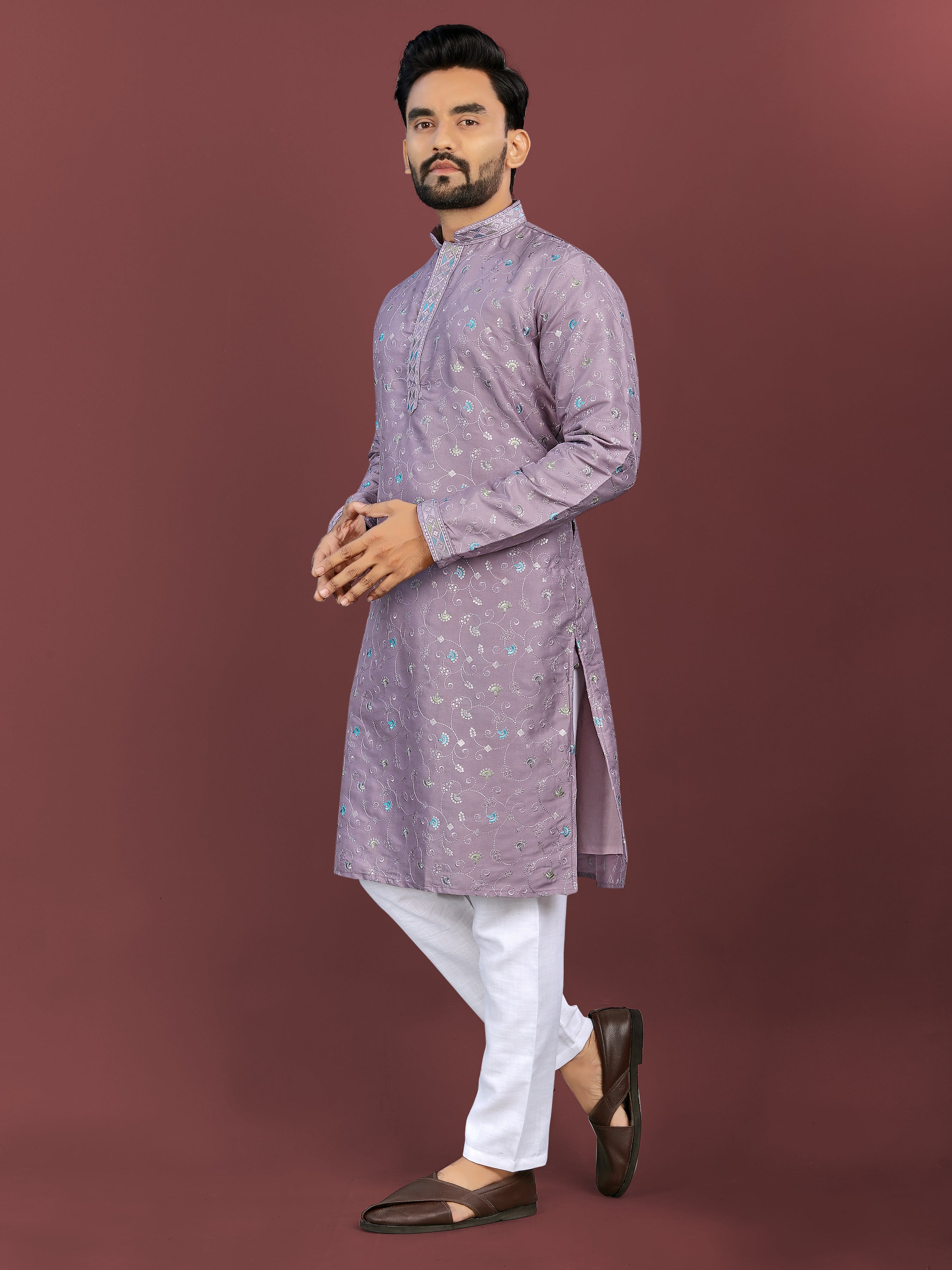 Men’s Multi-Colour Embroidery Kurta Lavender