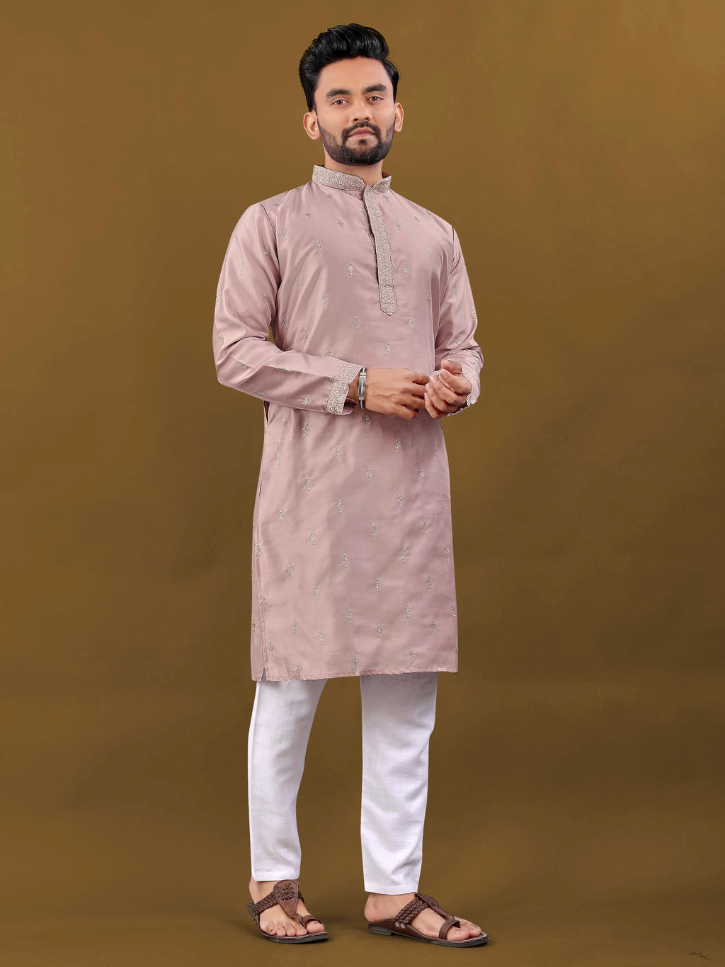 Men's Matka Silk Kurta Silver Jari Work Peach