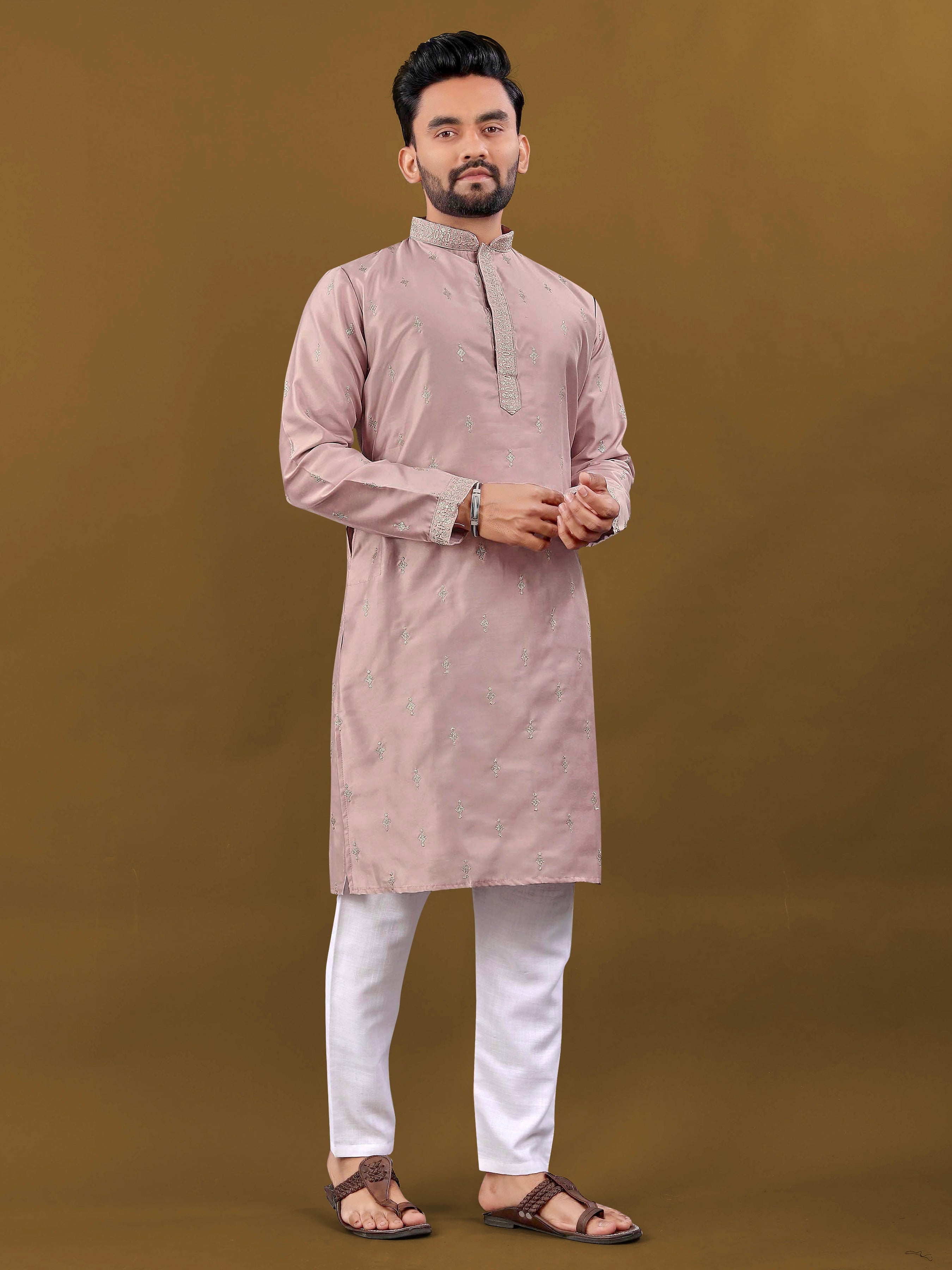 Men's Matka Silk Kurta Silver Jari Work Peach