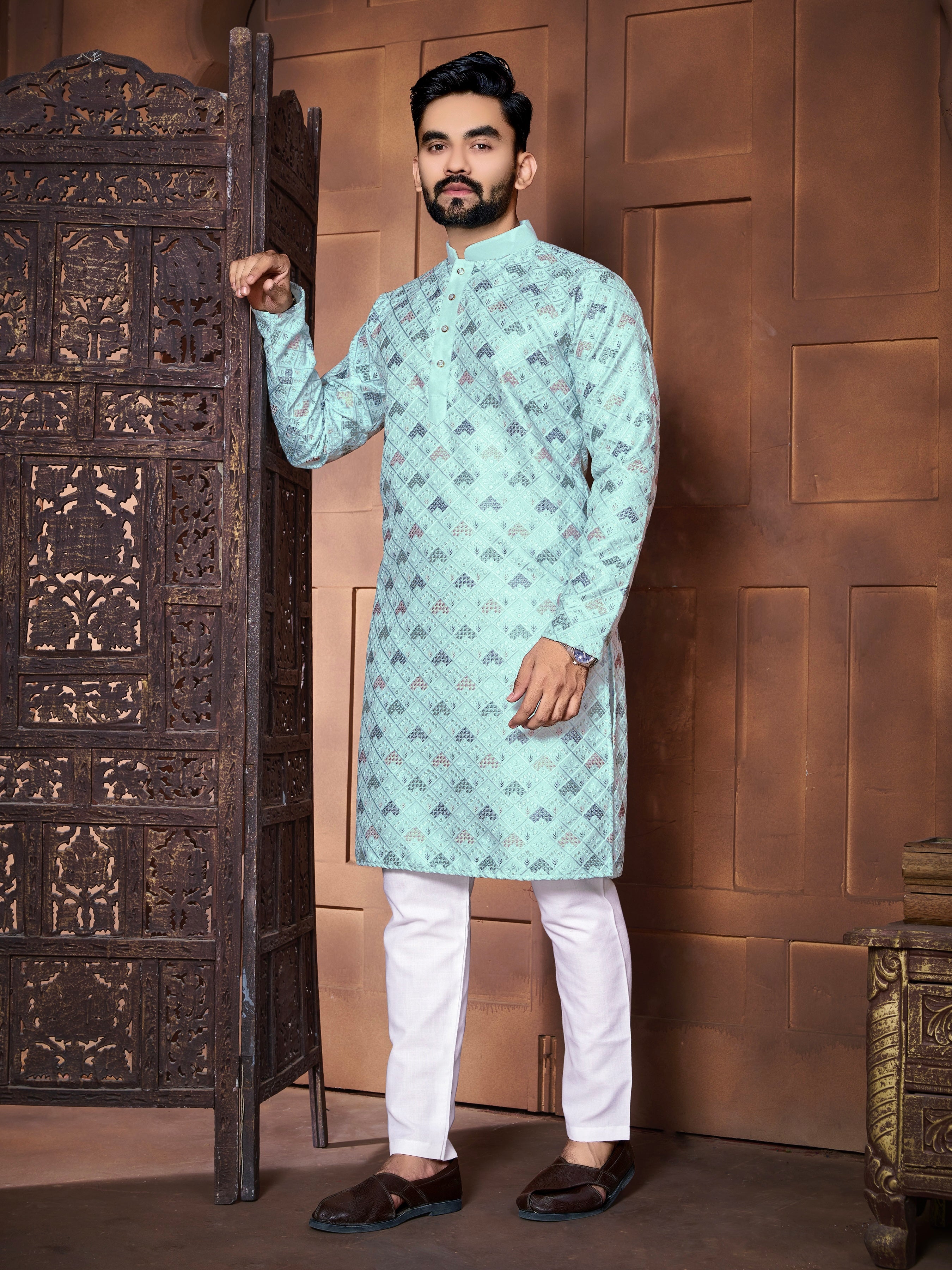 Men's Italian Silk  embroidered Kurta Aqua