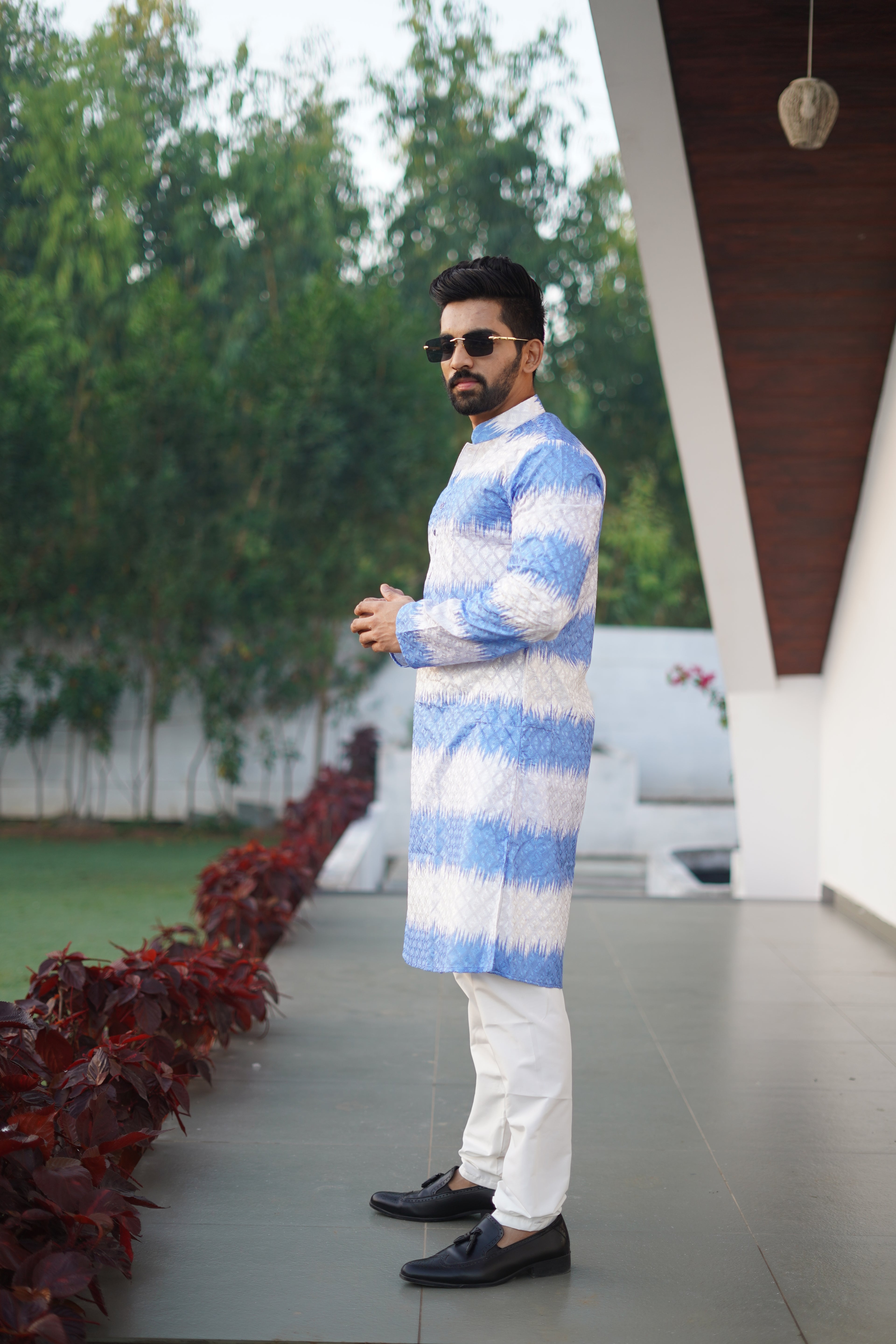 Men's Rainbow Print Cotton Kurta Sky Ocean