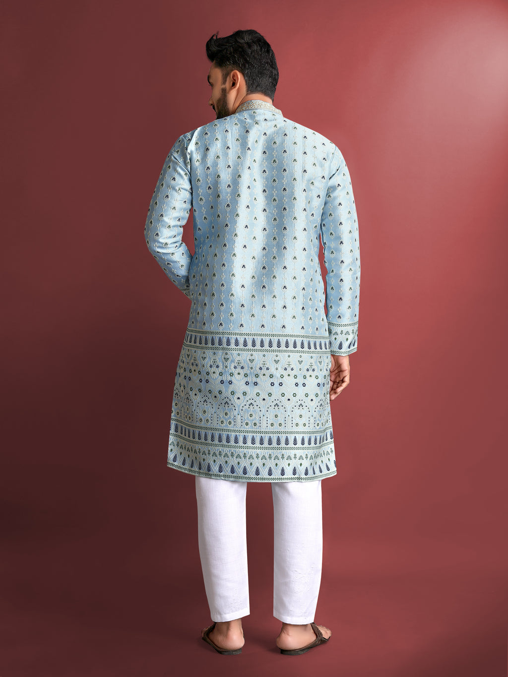 Men’s Silk Kurta with Amboj Work & Daman Border Aqua Blue