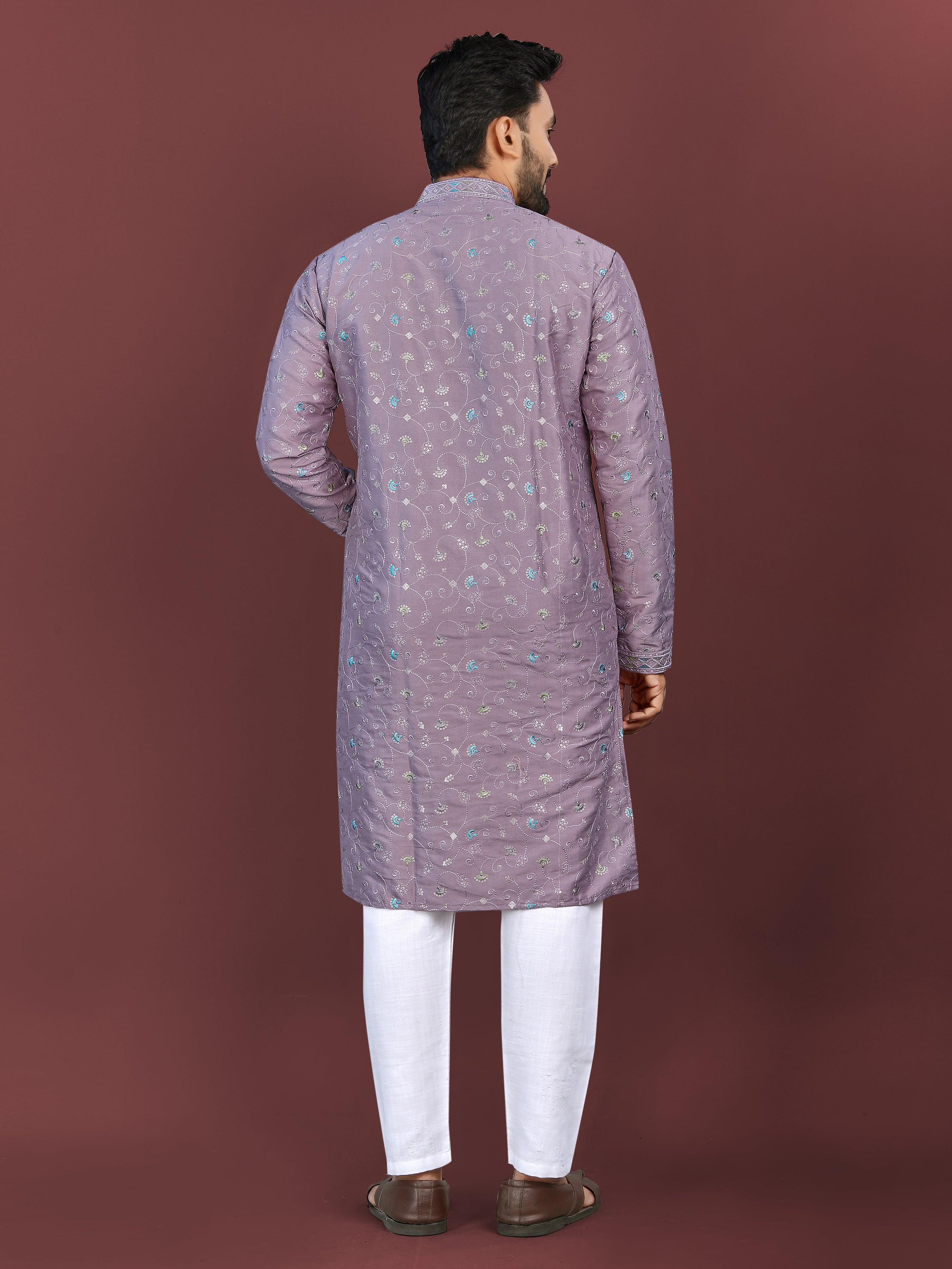 Men’s Multi-Colour Embroidery Kurta Lavender