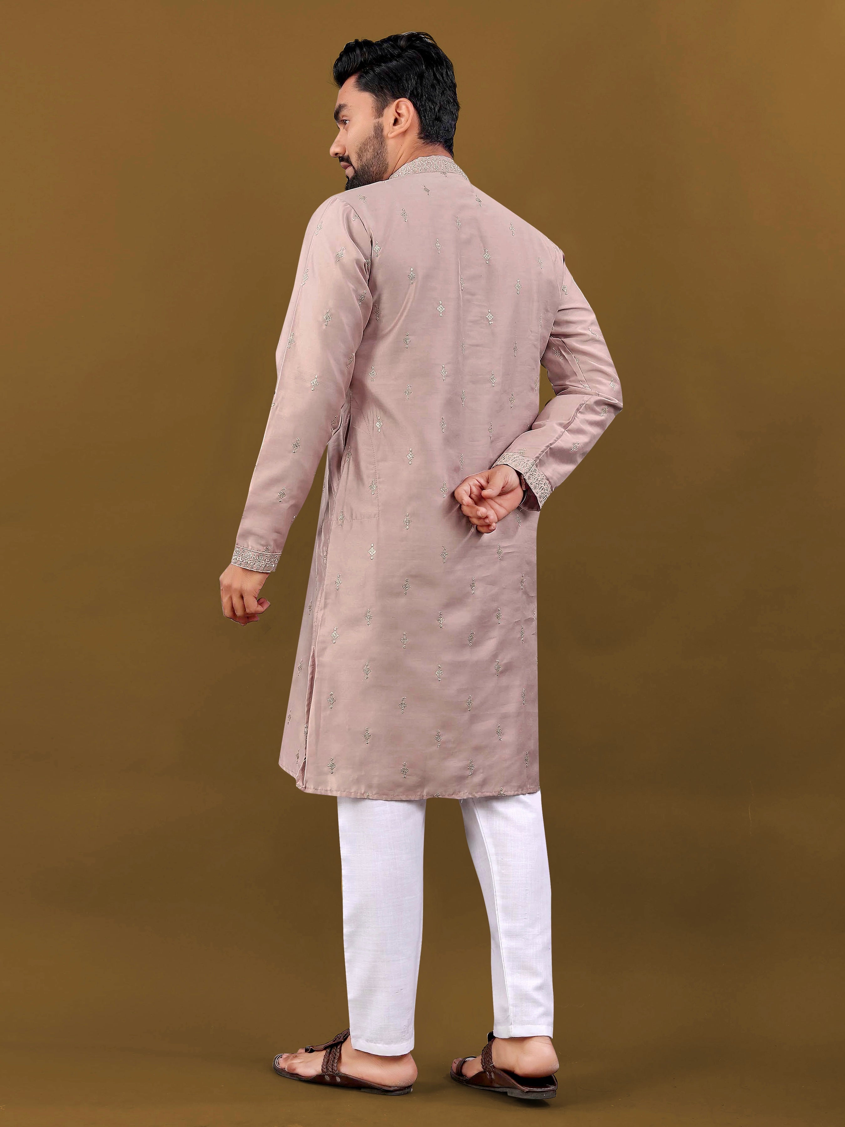 Men's Matka Silk Kurta Silver Jari Work Peach
