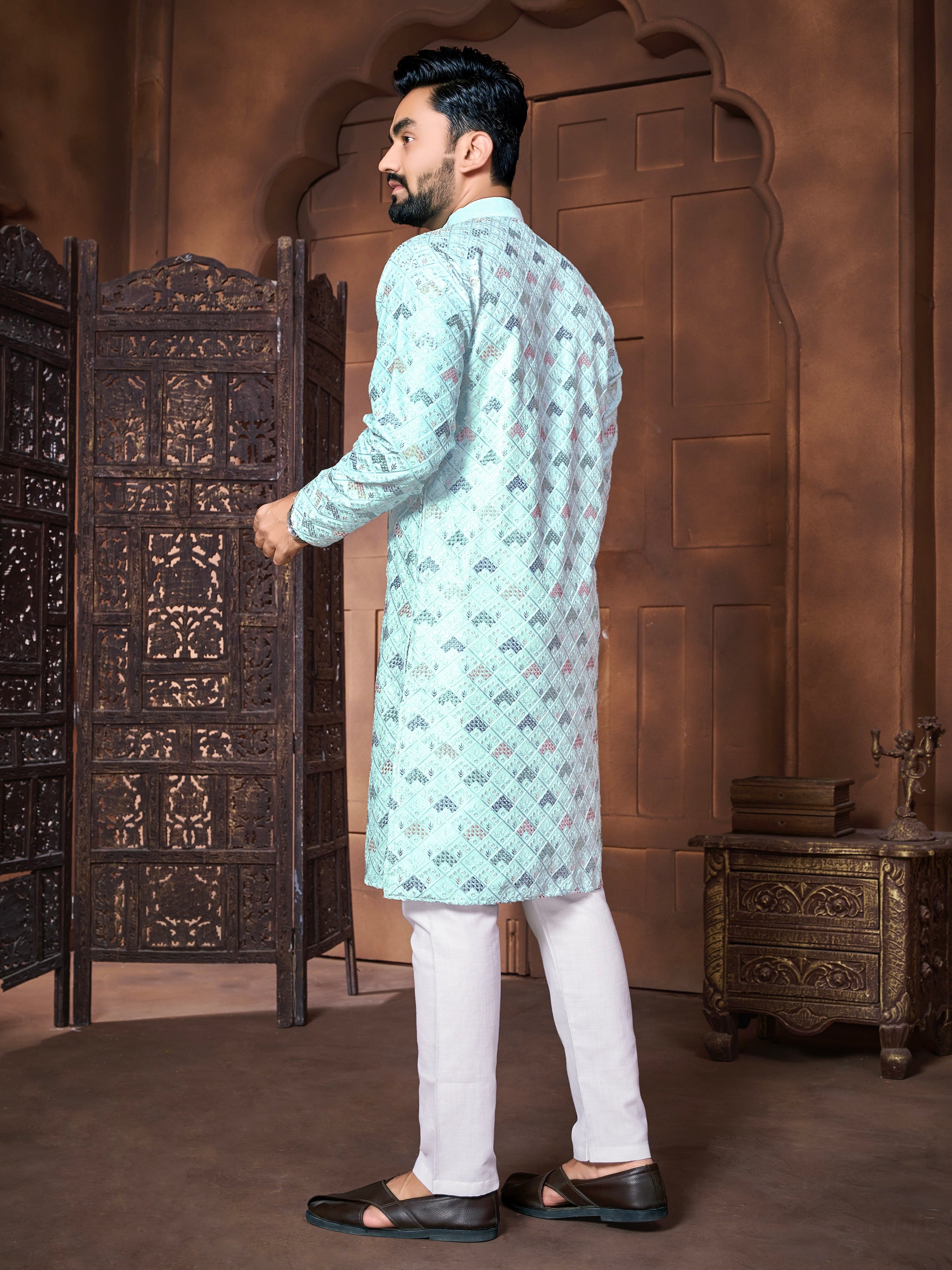 Men's Italian Silk  embroidered Kurta Aqua