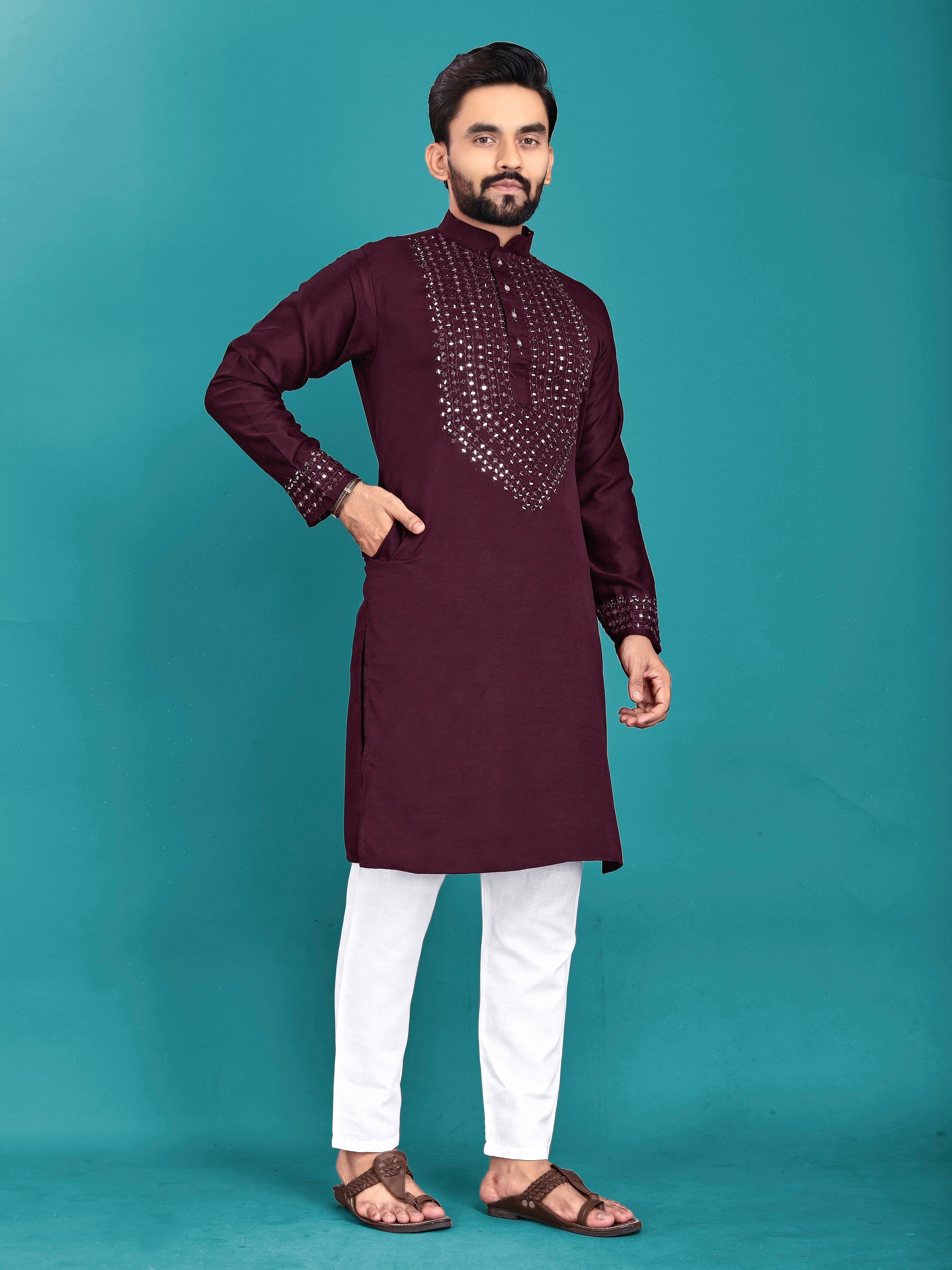 Kohinoor Kurta with Real Mirror Handwork Maroon
