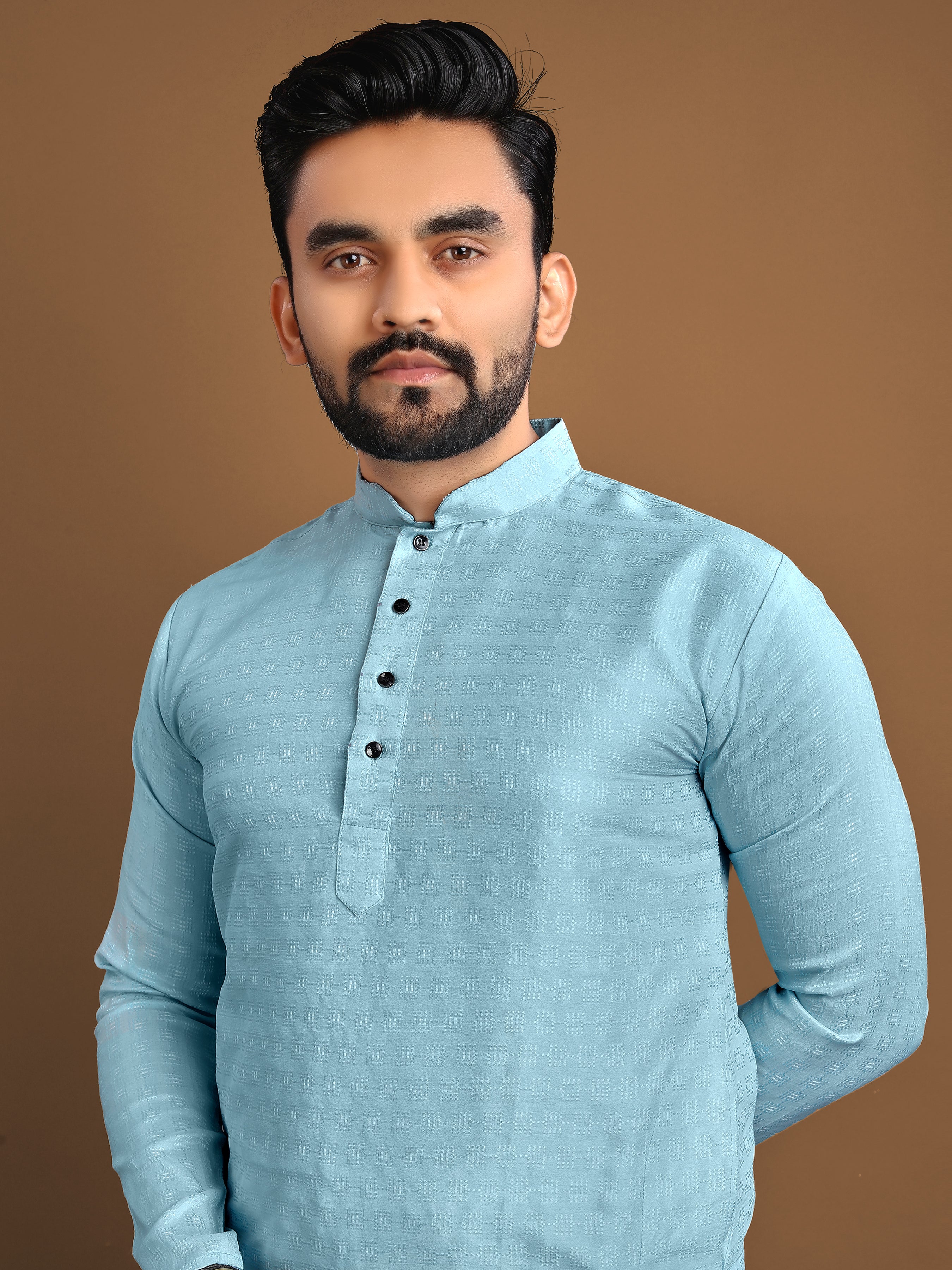 Men’s Jacquard Kurta with Self-Buti Aqua Blue