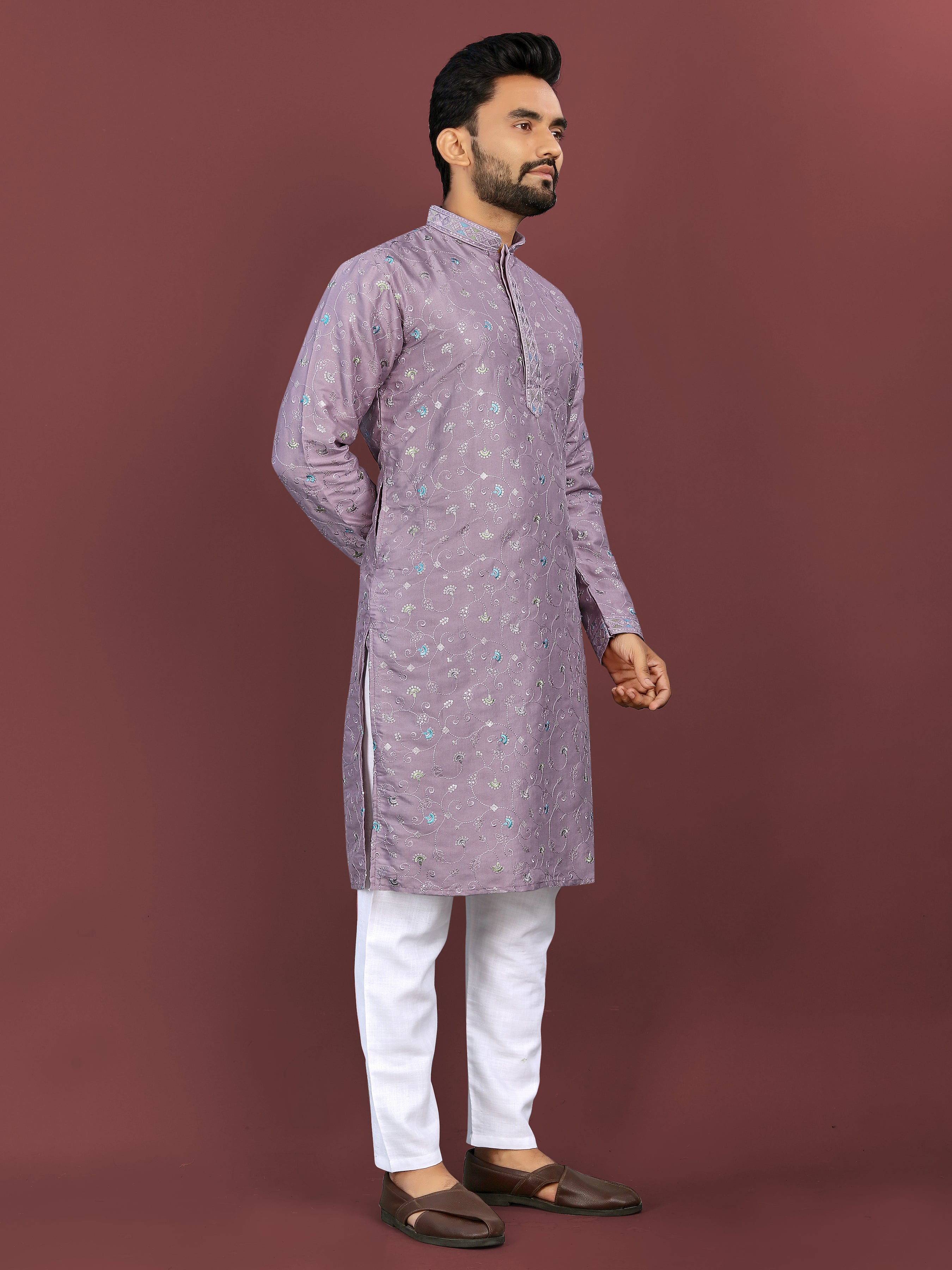 Men’s Multi-Colour Embroidery Kurta Lavender