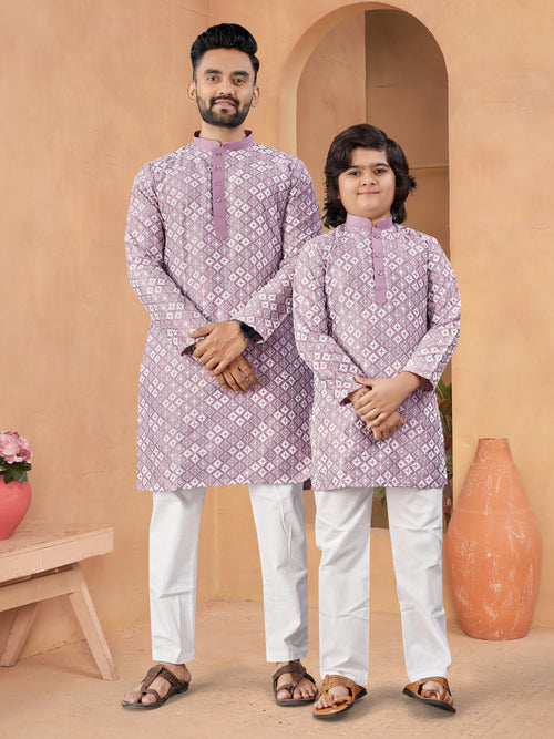 Father-Son Silk Kurta Set with Embroidery Lavender