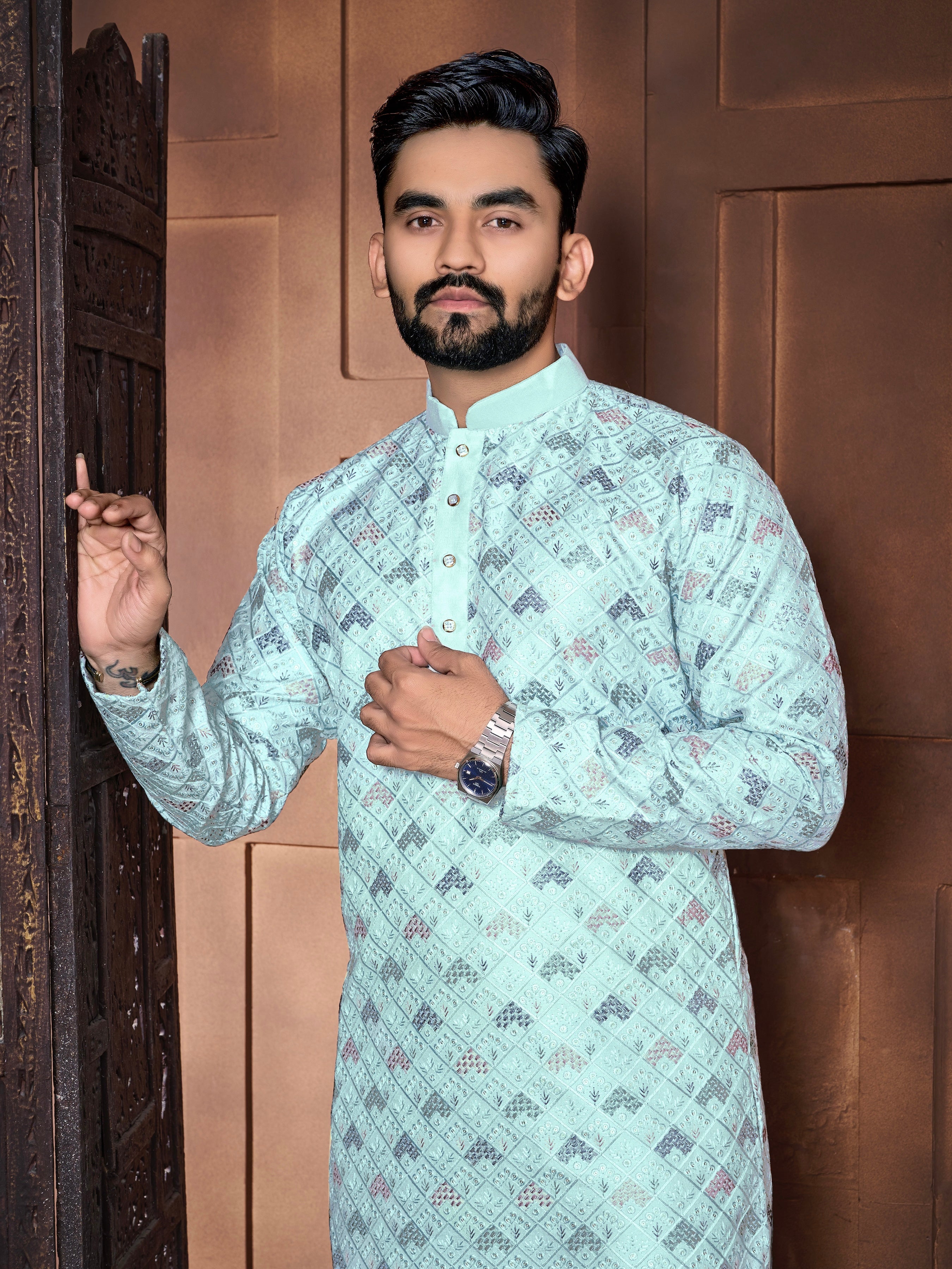 Men's Italian Silk  embroidered Kurta Aqua