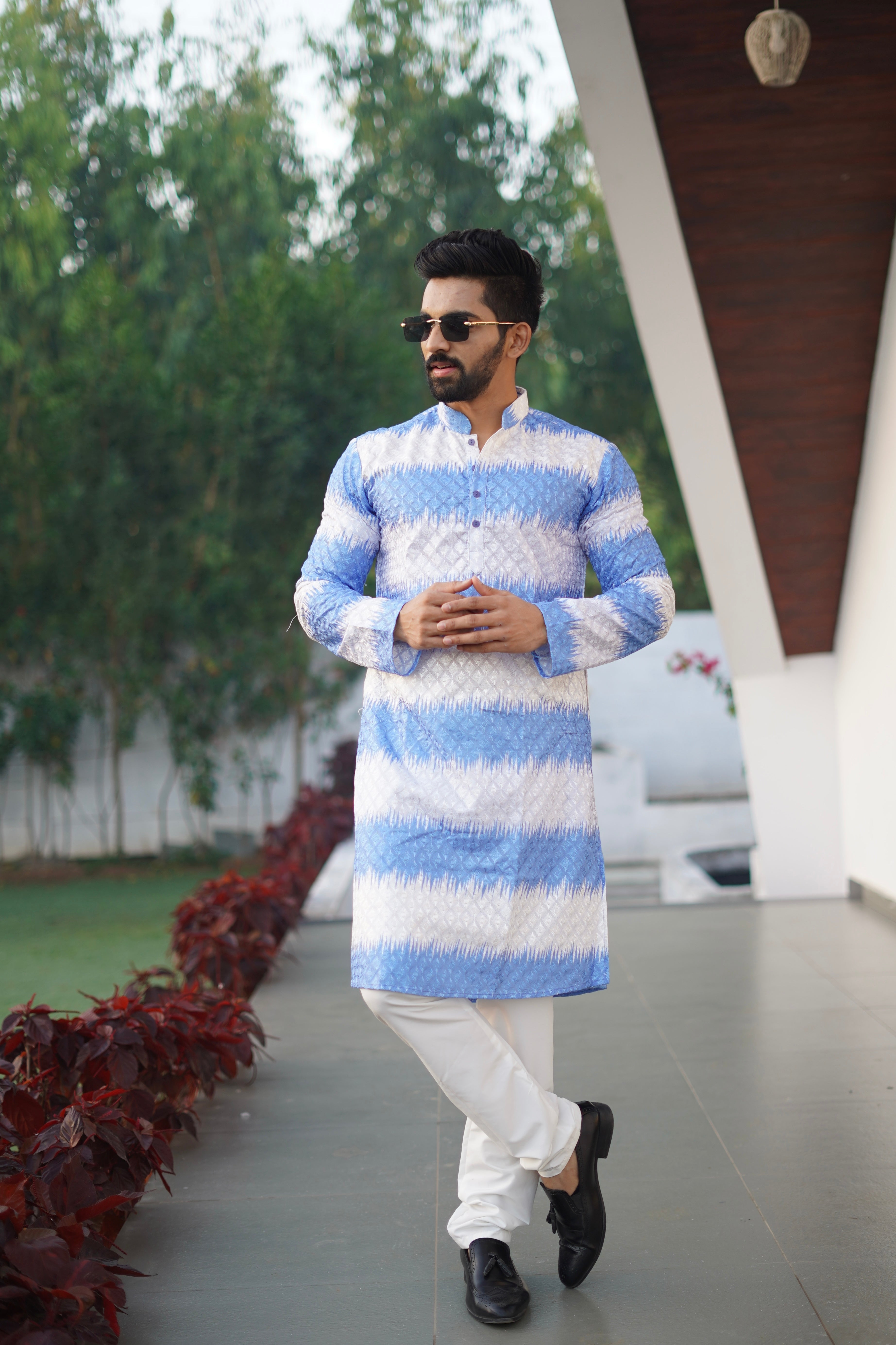 Men's Rainbow Print Cotton Kurta Sky Ocean