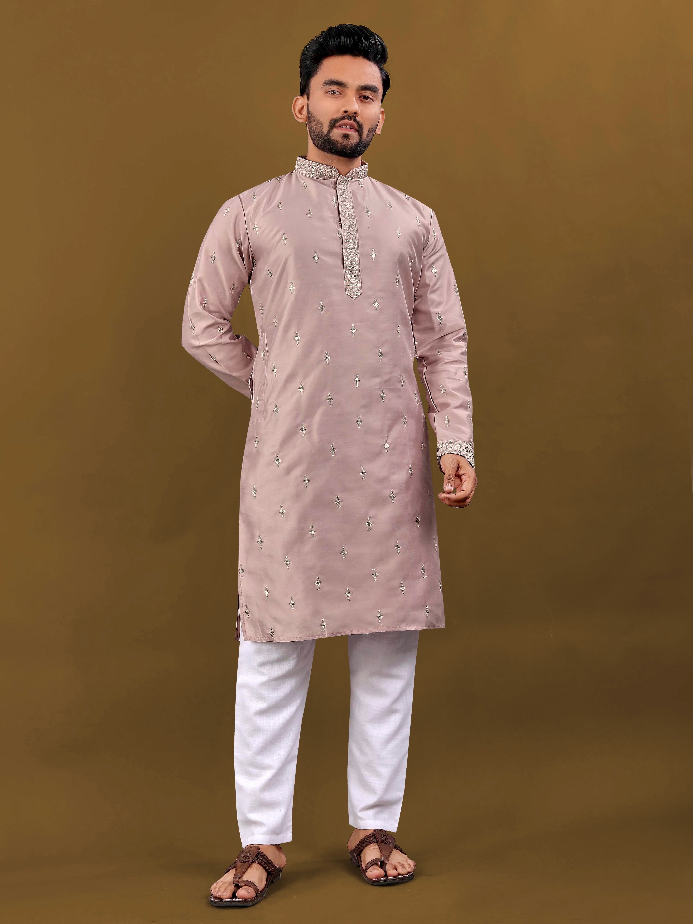 Men's Matka Silk Kurta Silver Jari Work Peach