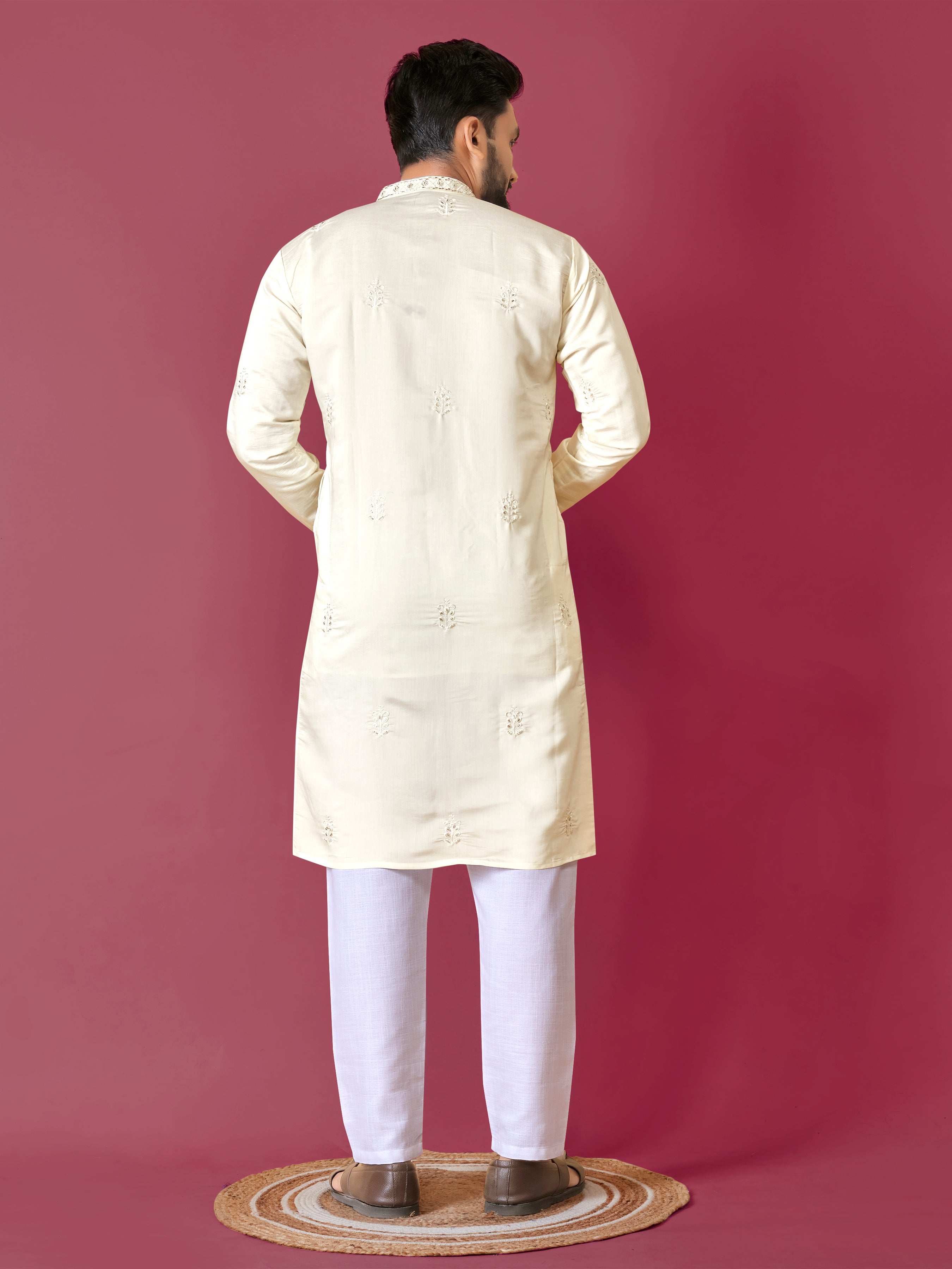 Men's Roman Silk Kurta With Hand Work Beige White
