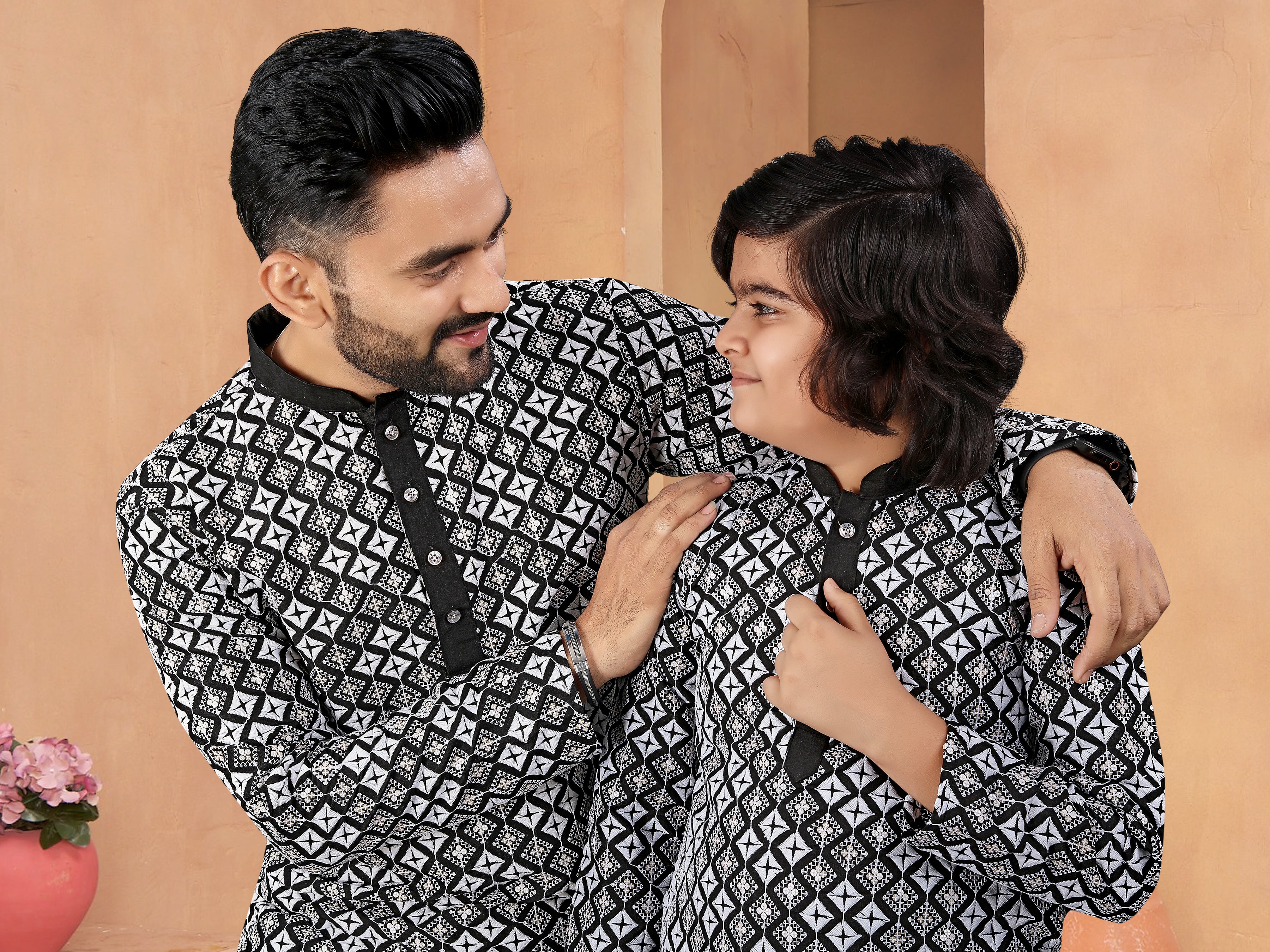 Father-Son Silk Kurta Set with Embroidery Black