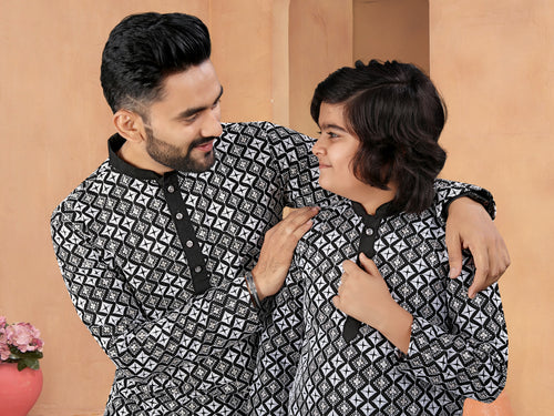 Father-Son Silk Kurta Set with Embroidery Black